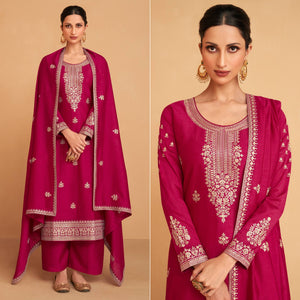 Magenta Pink Embroidered Art Silk Palazzo Suit