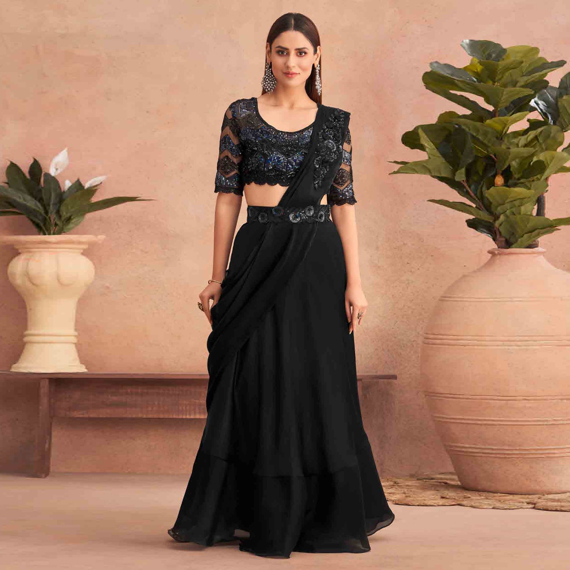 Black Sequins Embroidered Ready to Wear Art Silk Saree