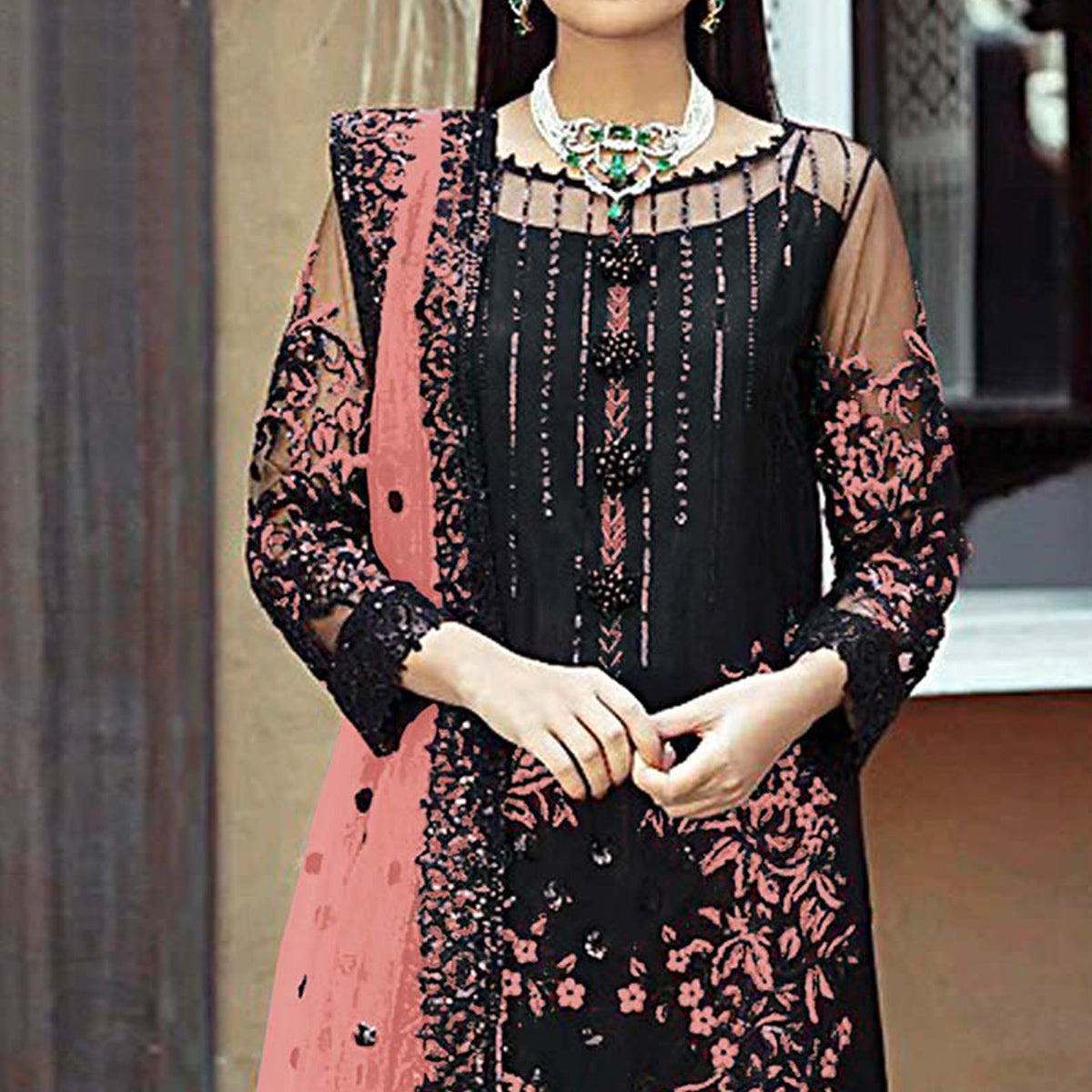 Black Floral Sequins Embroidered Georgette Pakistani Suit