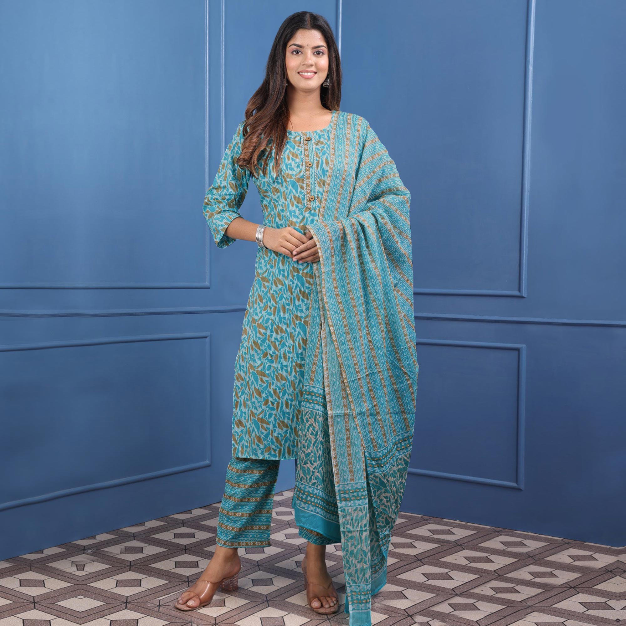 Turquoise Floral Printed Pure Cotton Suit