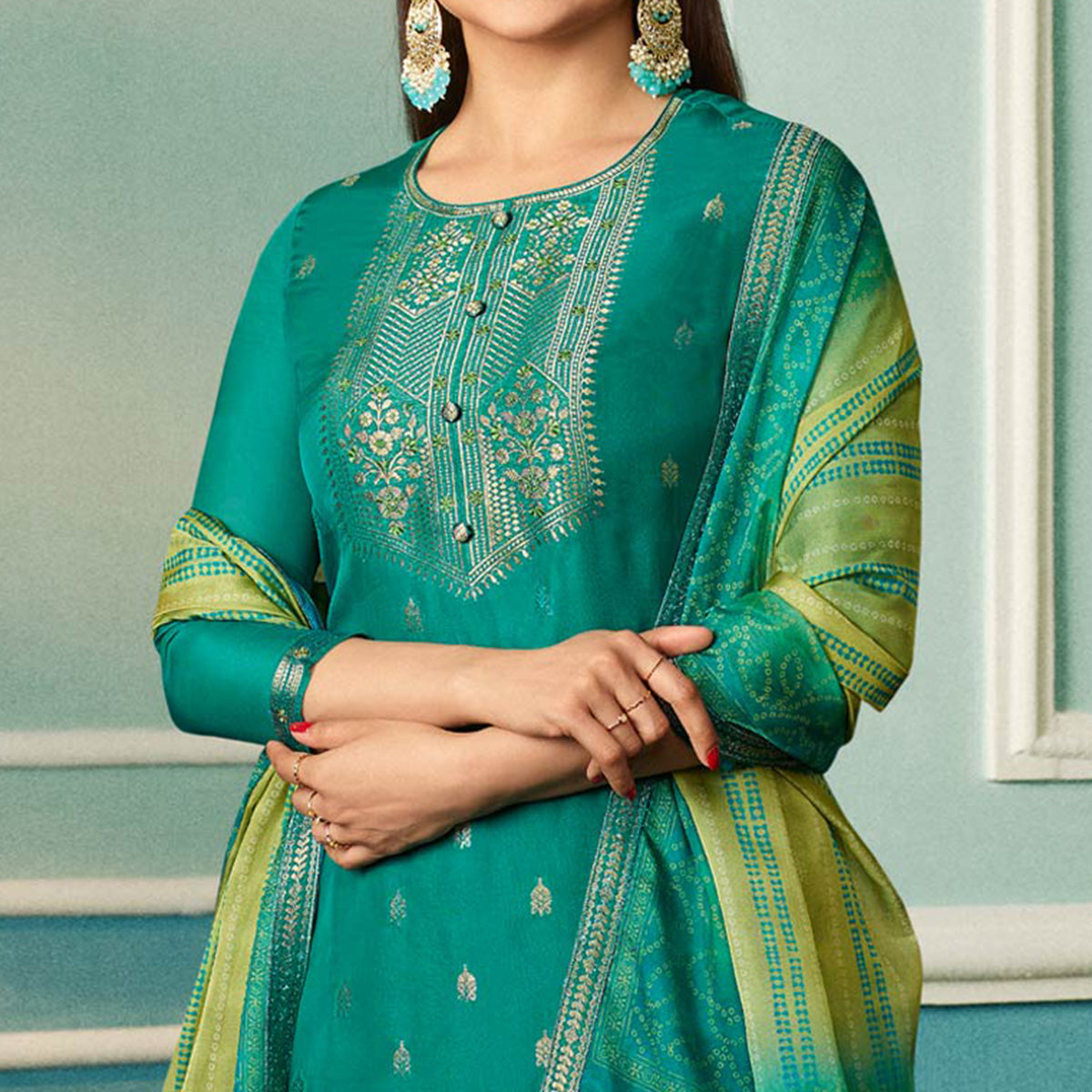 Rama Green Floral Woven Organza Salwar Suit