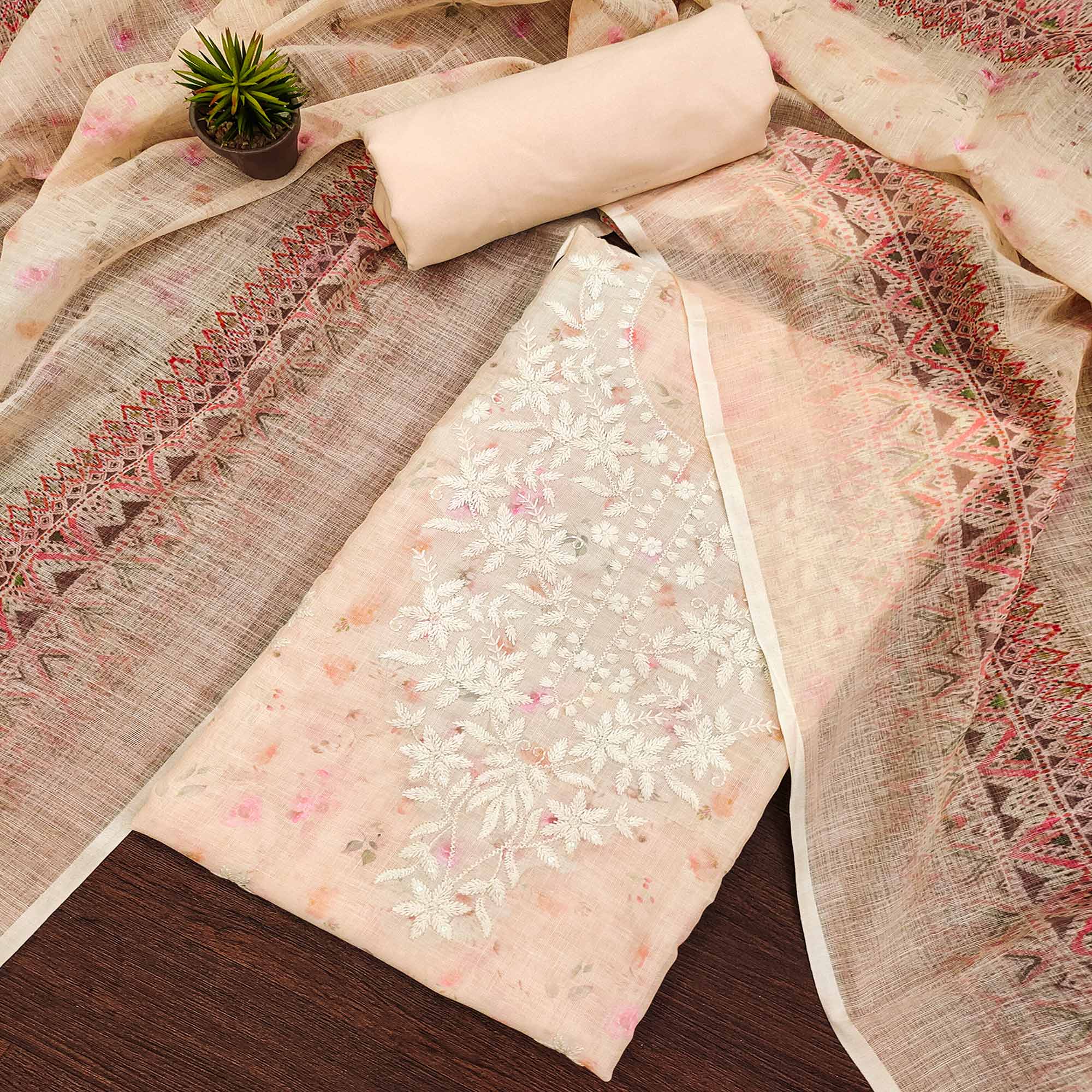 Beige Floral Printed Cotton Dress Material