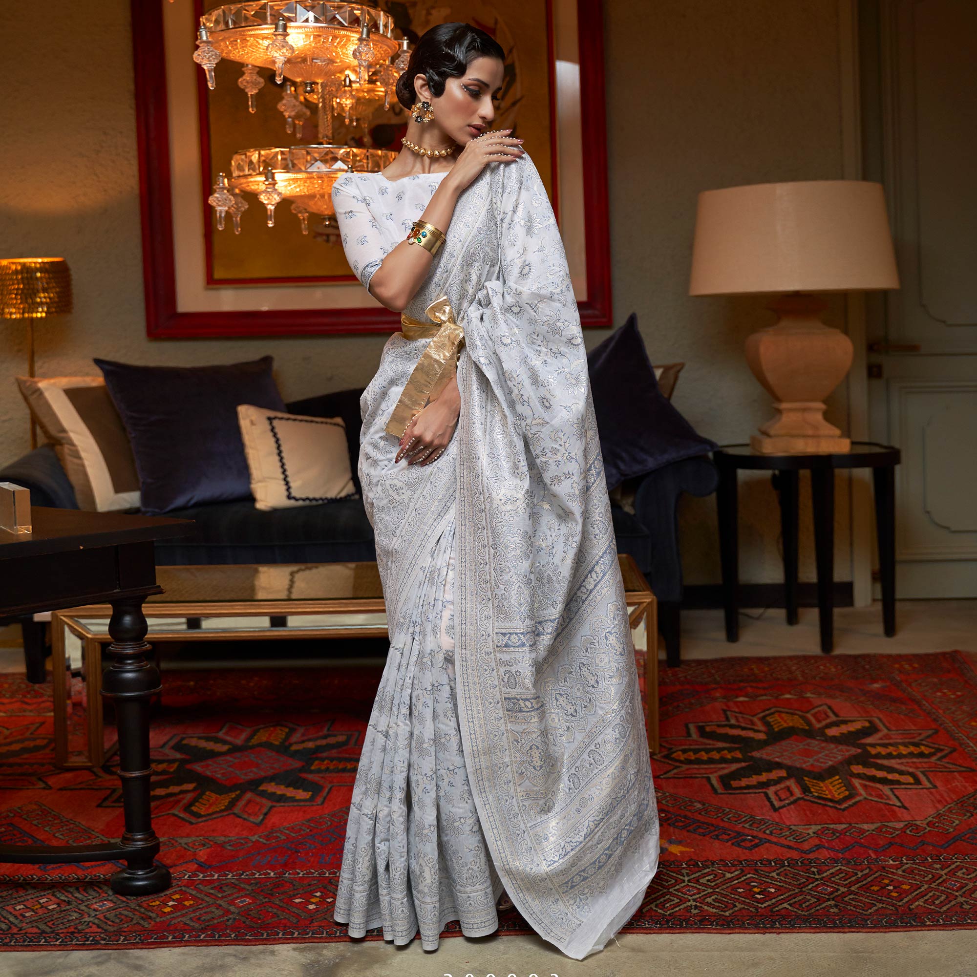 Off White Floral Woven Modal Saree With Tassels
