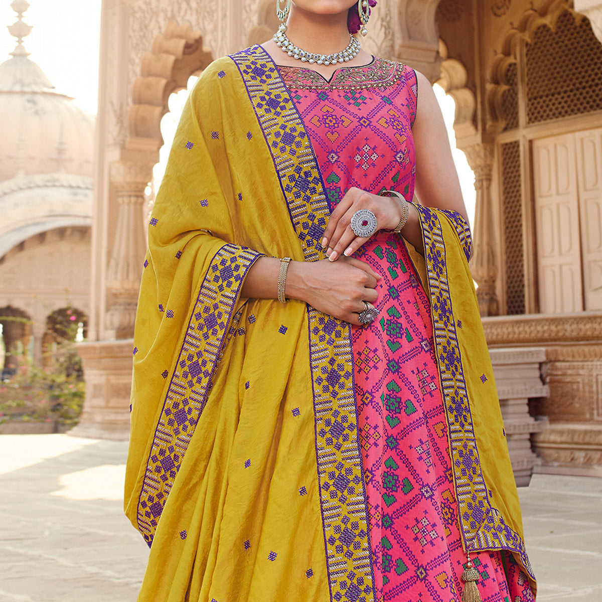 Pink Woven With Handwork Jacquard Gown