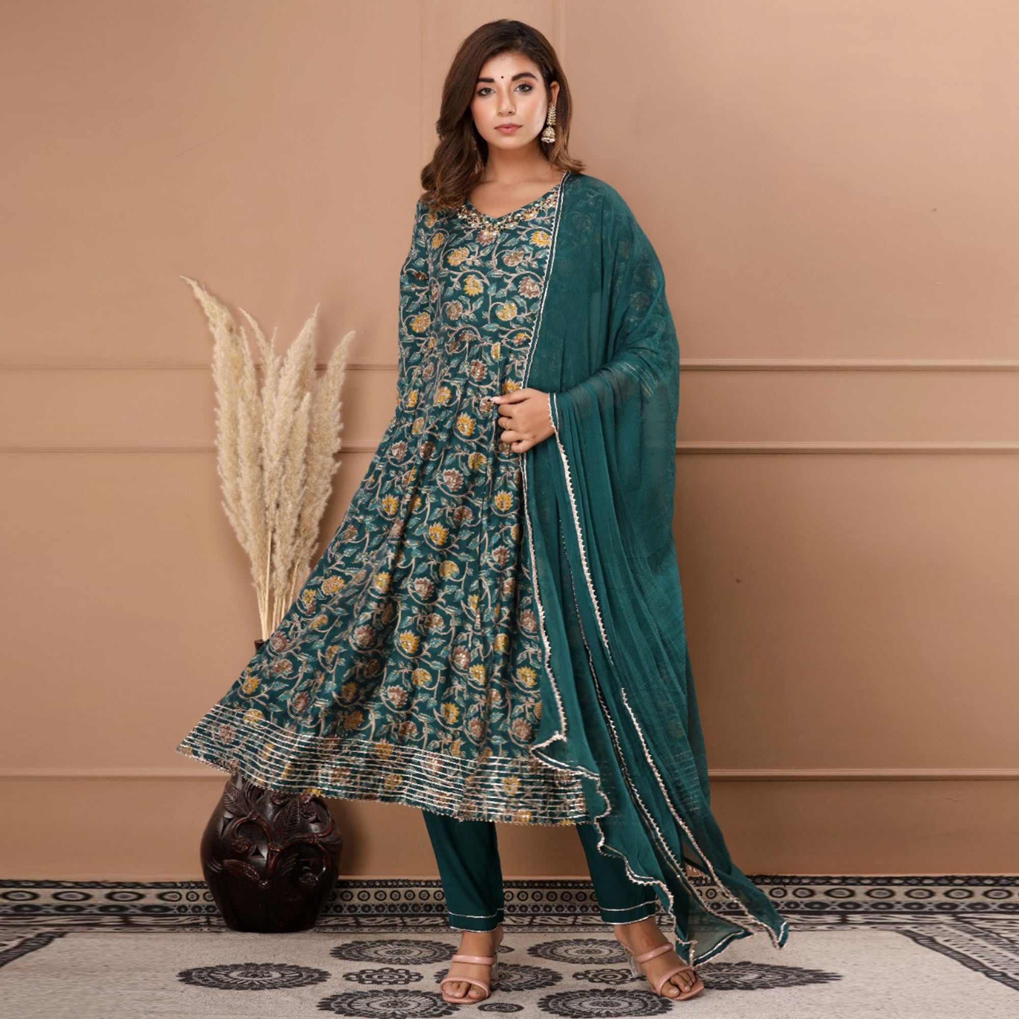 Green Jaipuri Printed With Gota Patti Work Muslin Anarkali Suit