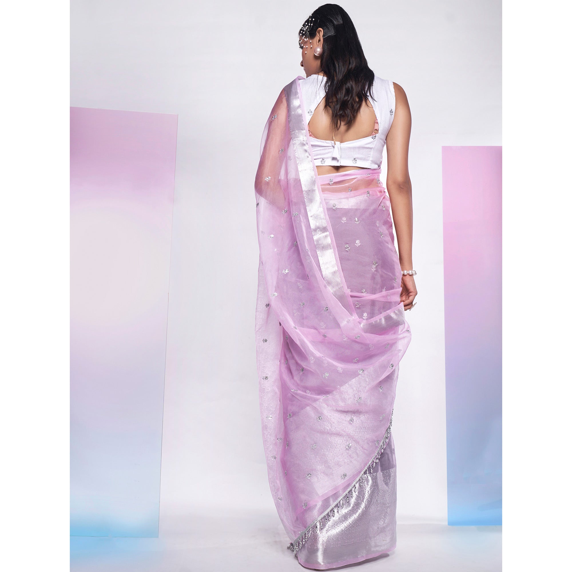 Light Pink Sequins Floral Embroidered Organza Saree