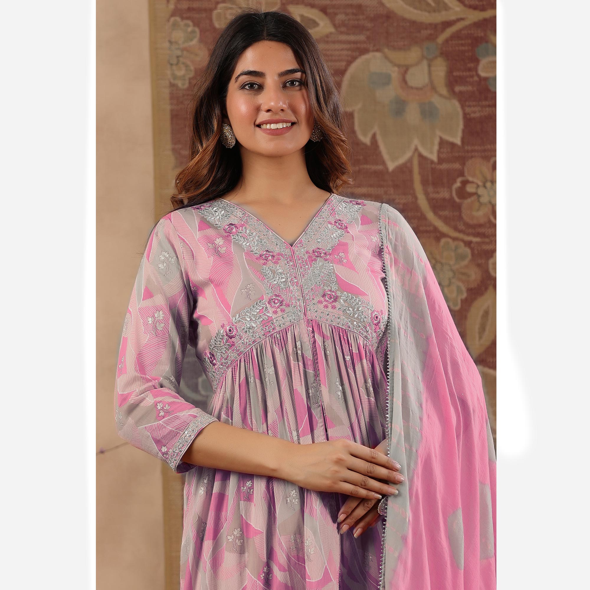 Pink Floral Printed With Embroidered Pure Cotton Suit