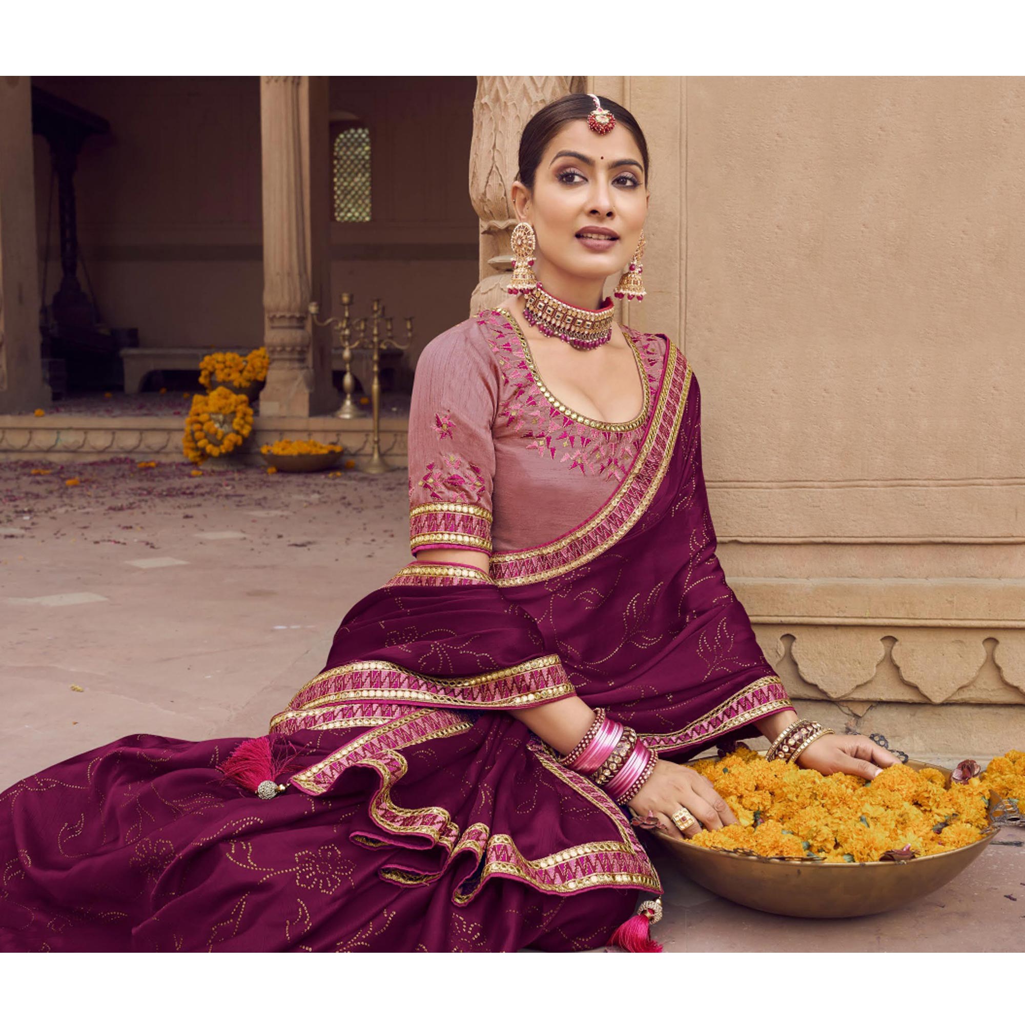 Purple Embellished With Embroidered Border Satin Saree