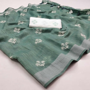 Green Floral Embroidered Raw Silk Saree