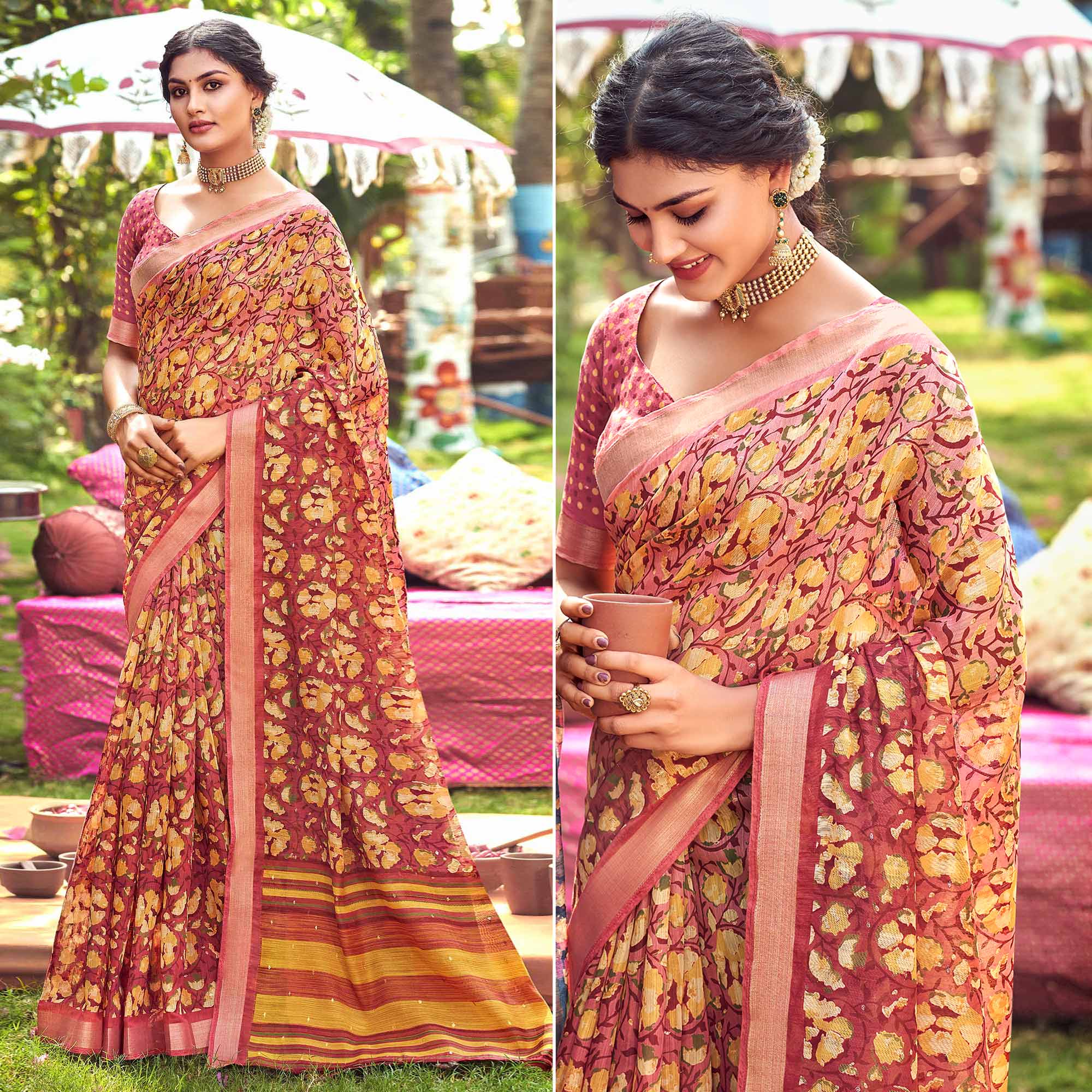 Rust Floral Printed With Woven Border Linen Saree