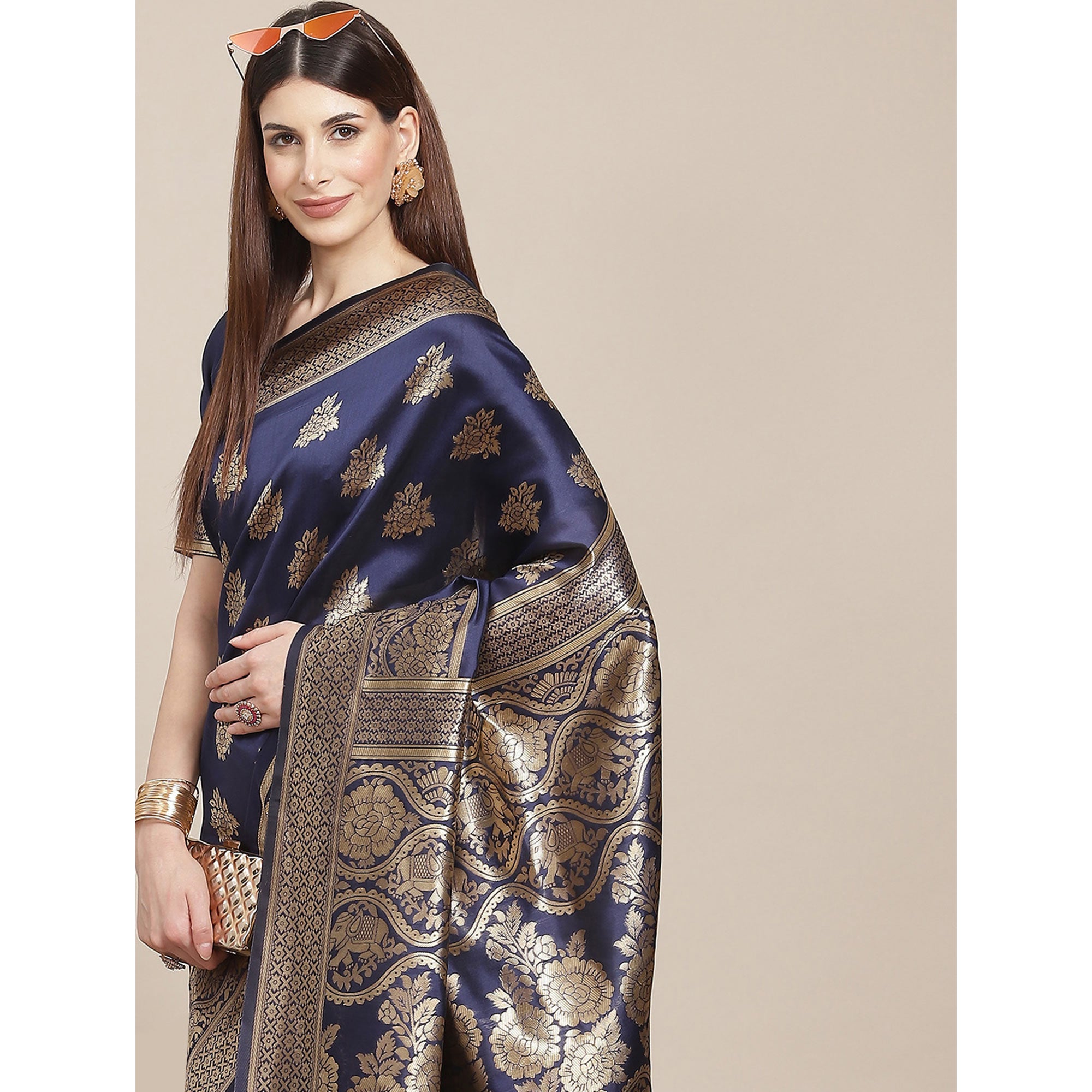 Navy Blue Woven Banarasi Silk Saree