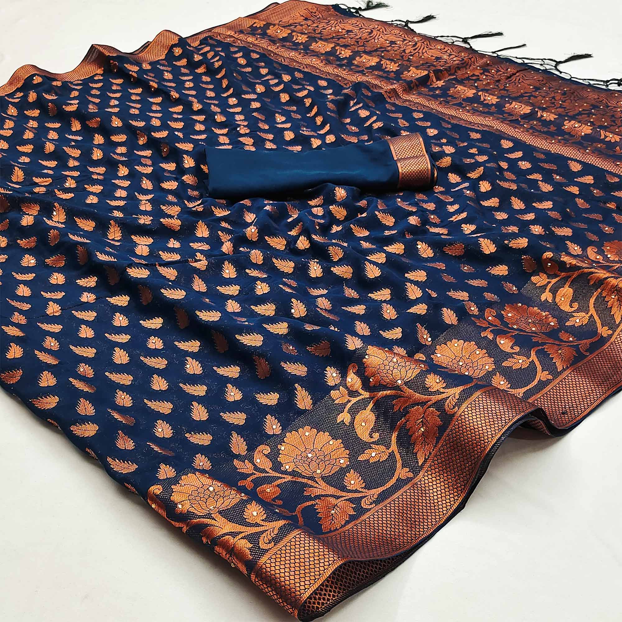 Navy Blue Floral Woven Chiffon Saree