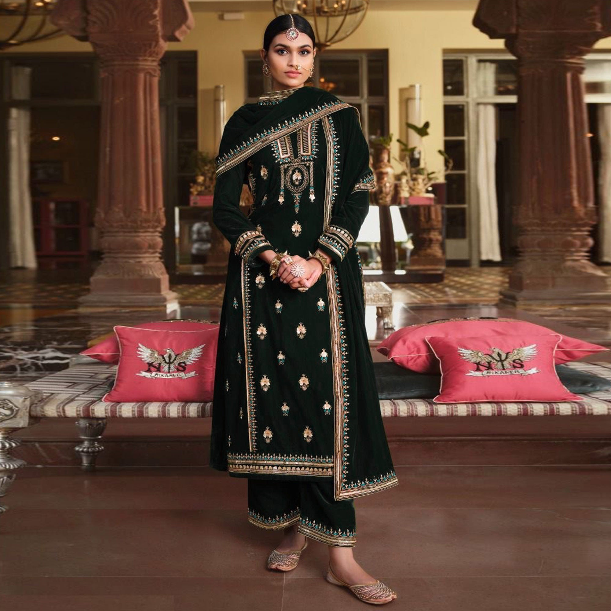 Green Embroidered Velvet Pakistani Suit