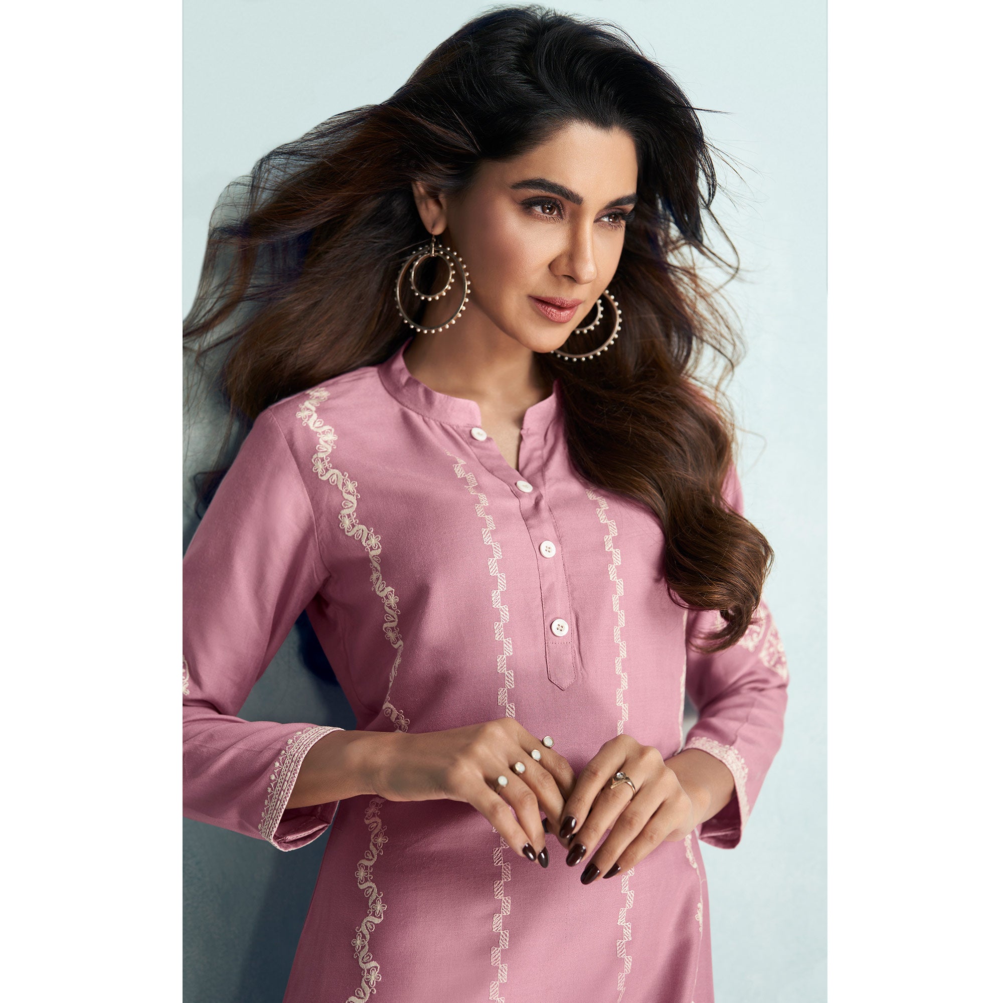 Pink Lucknowi Embroidered Rayon Kurti