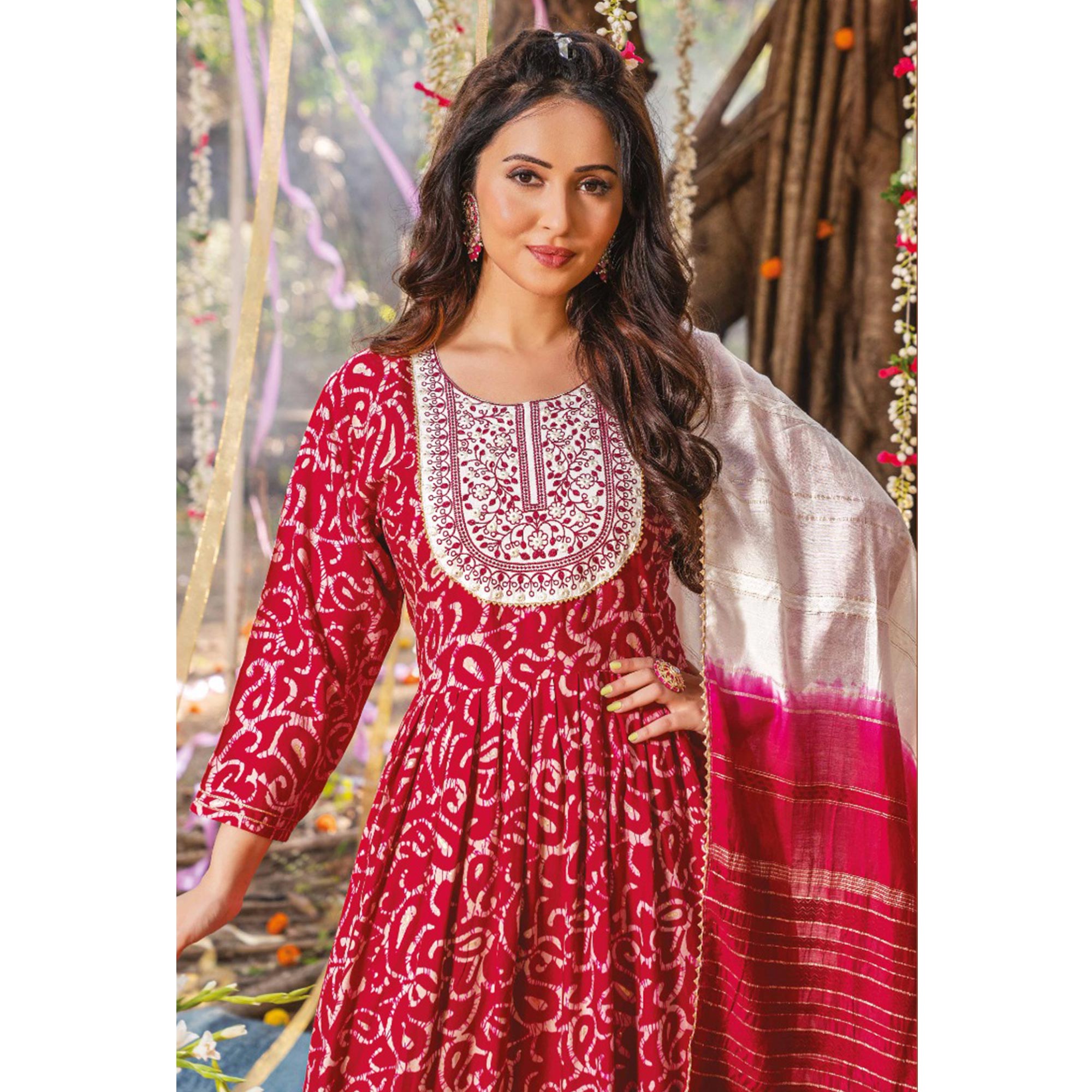 Pink Printed Rayon Naira Cut Suit