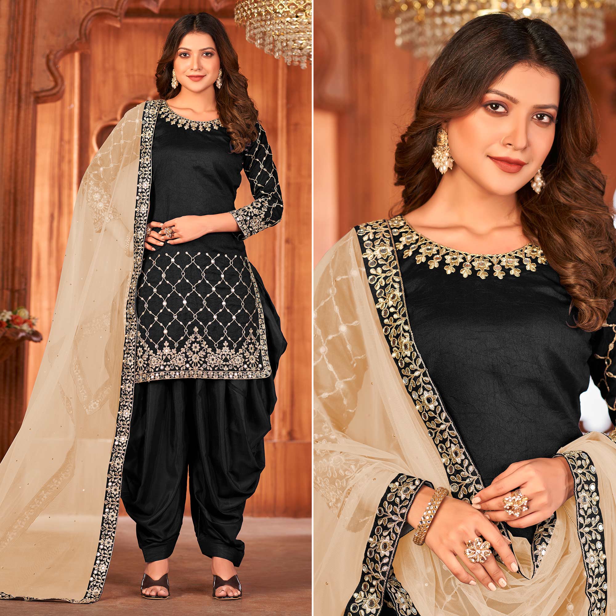 Black Embroidered Art Silk Patiala Suit