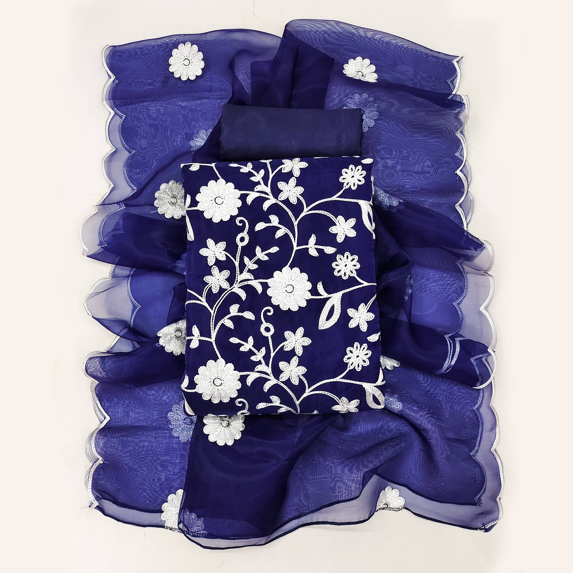 Blue Floral Embroidered Organza Dress Material