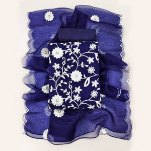 Blue Floral Embroidered Organza Dress Material