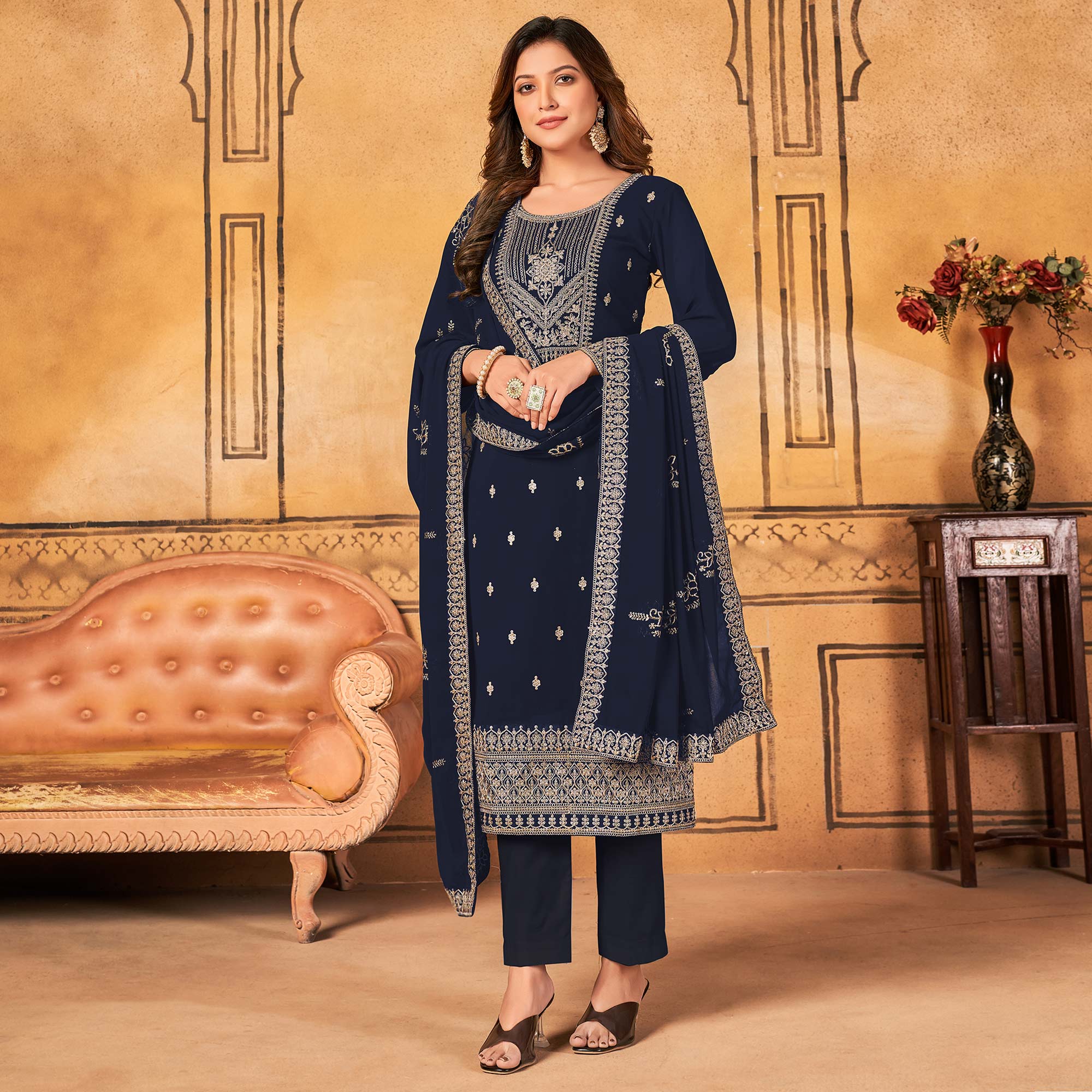 Navy Blue Floral Embroidered Georgette Salwar Suit