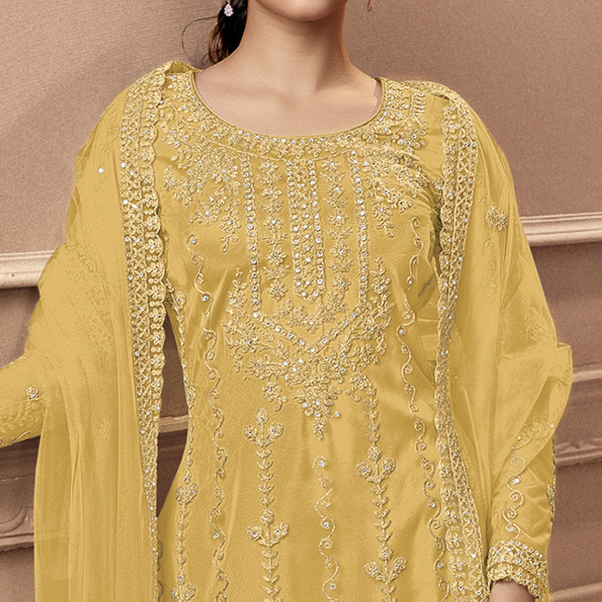 Yellow Floral Embroidered Netted Pakistani Suit