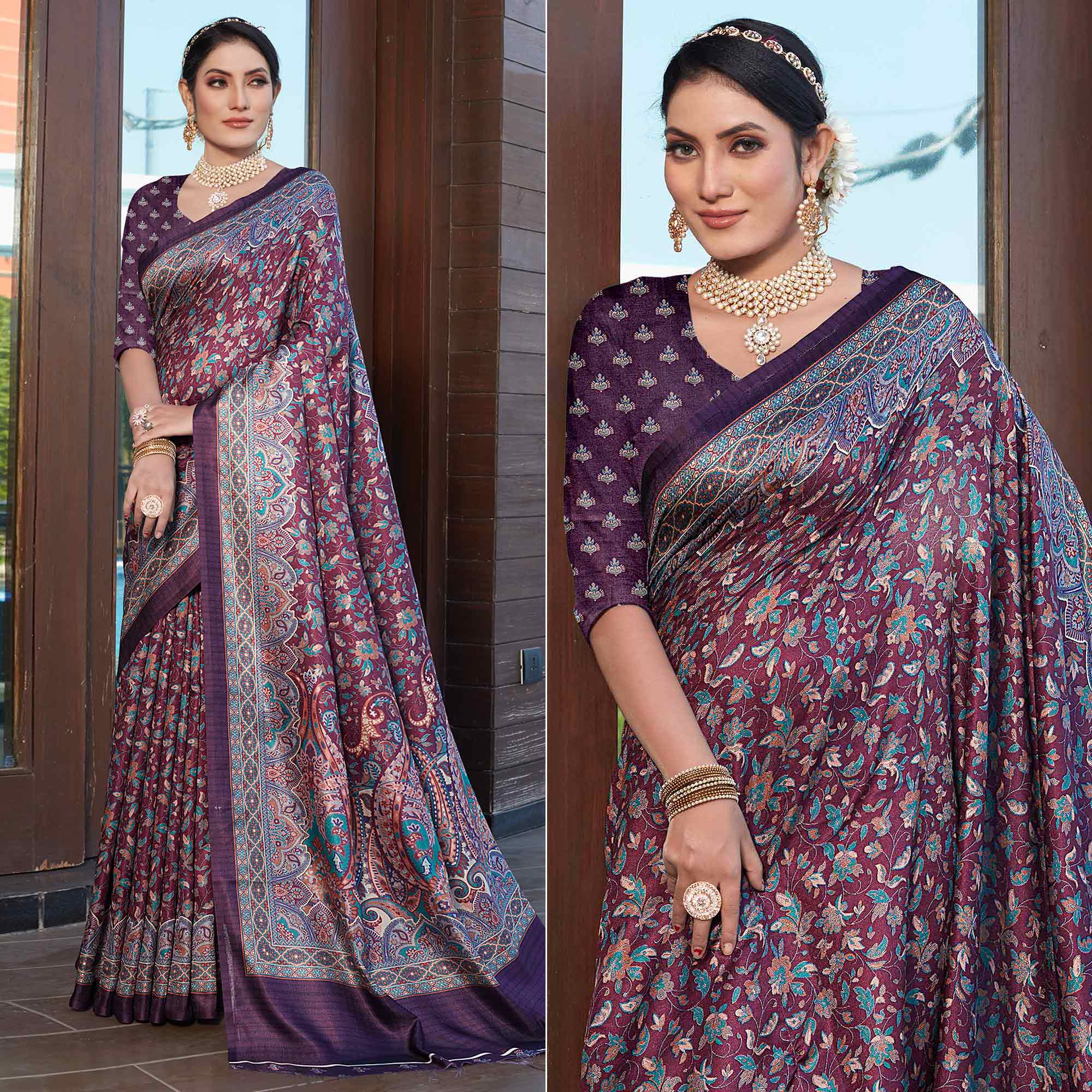 Purple Digital Printed Pashmina Saree