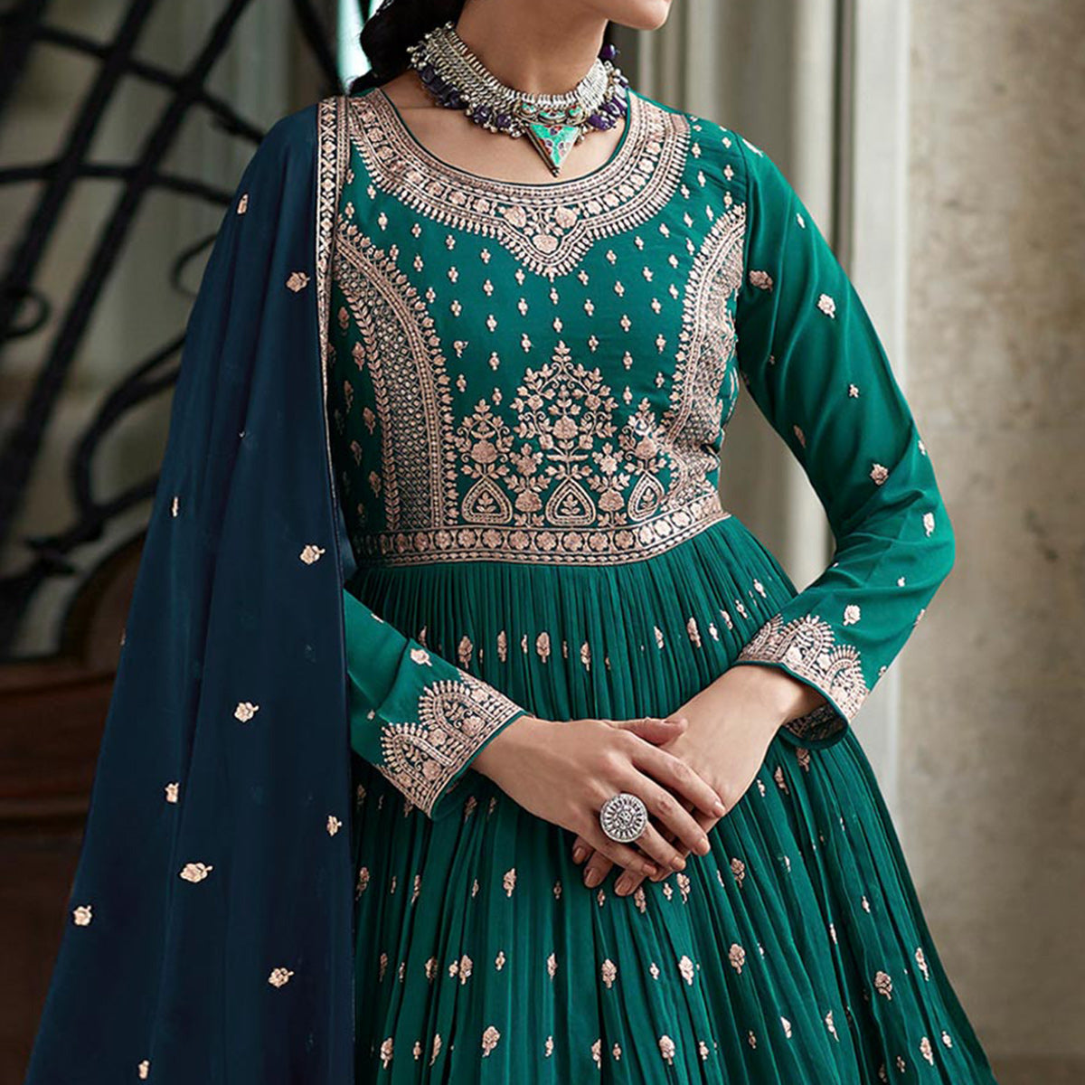 Rama Green Floral Embroidered Georgette Sharara Suit
