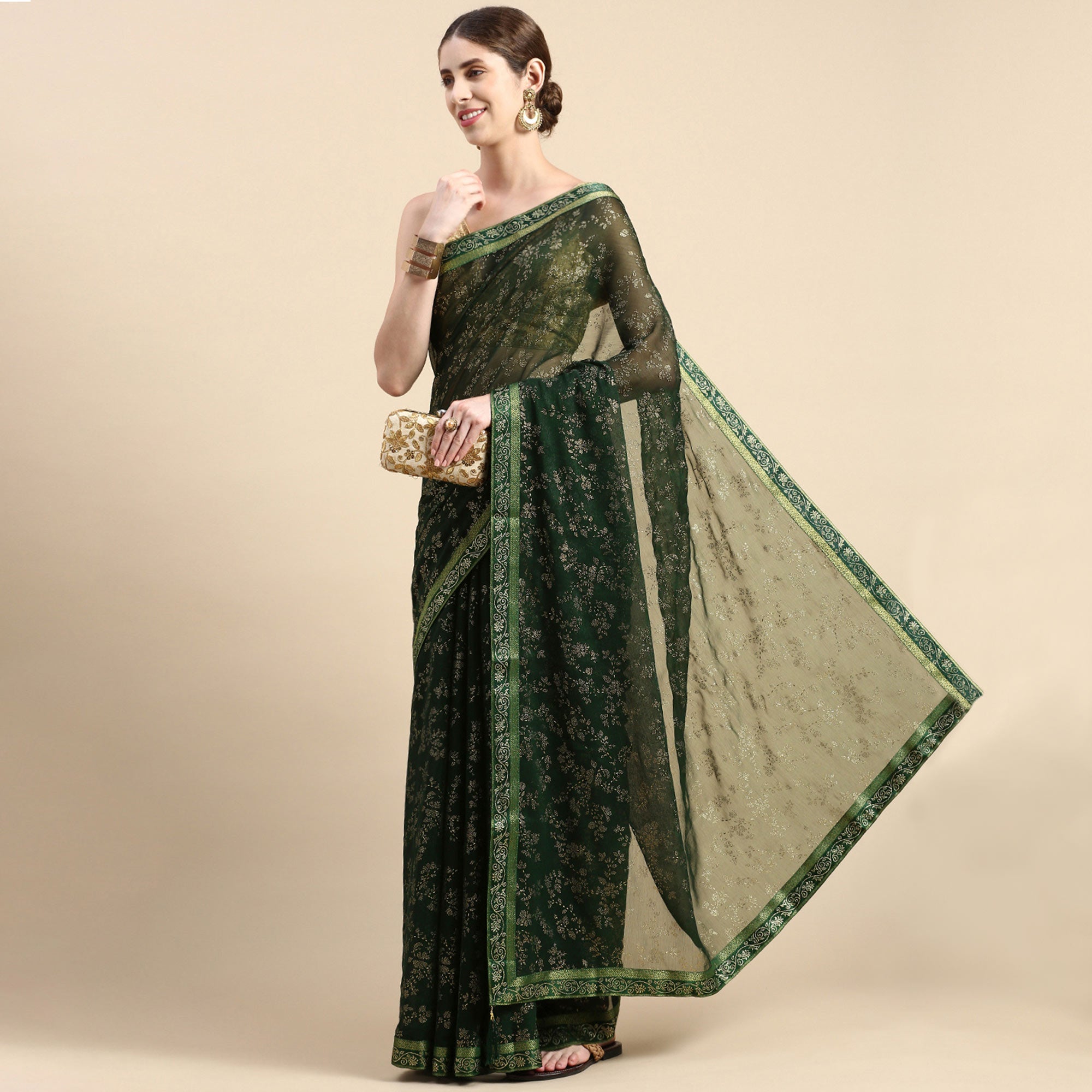 Green Floral Foil Printed Shimmer Saree