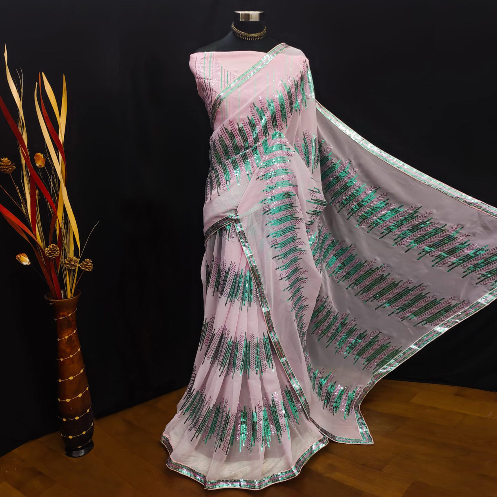 Pink Sequins Embroidered Georgette Saree