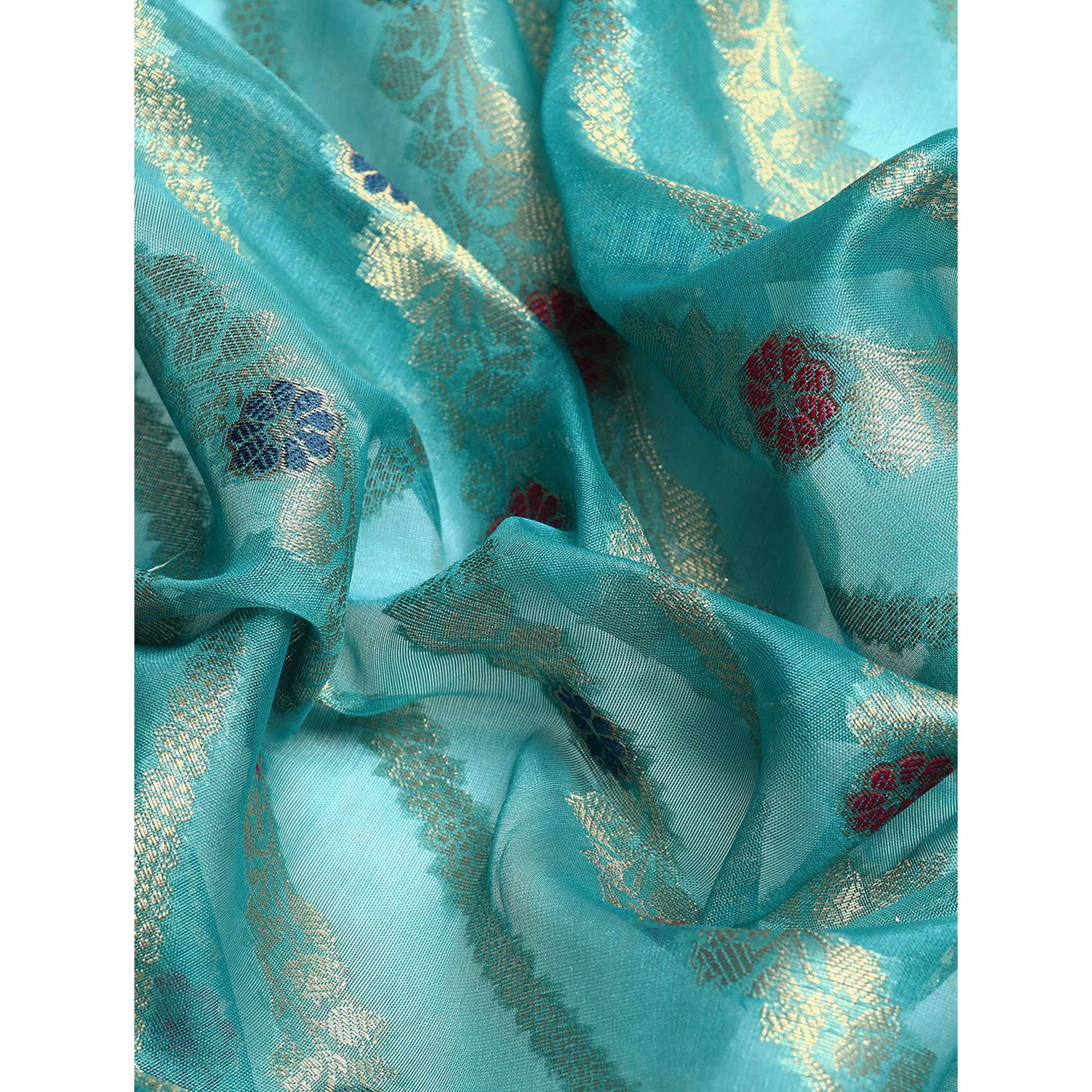 Turquoise Floral Woven Organza Silk Saree