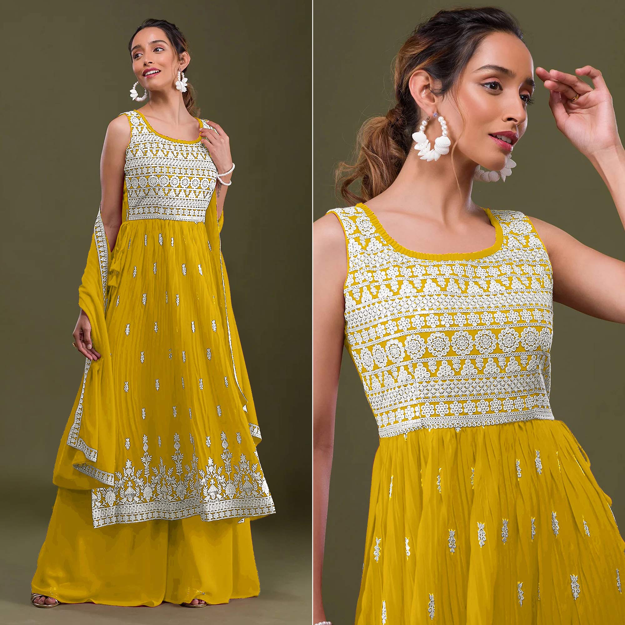 Yellow Embroidered Georgette Naira Cut Semi Stitched Palazzo Suit