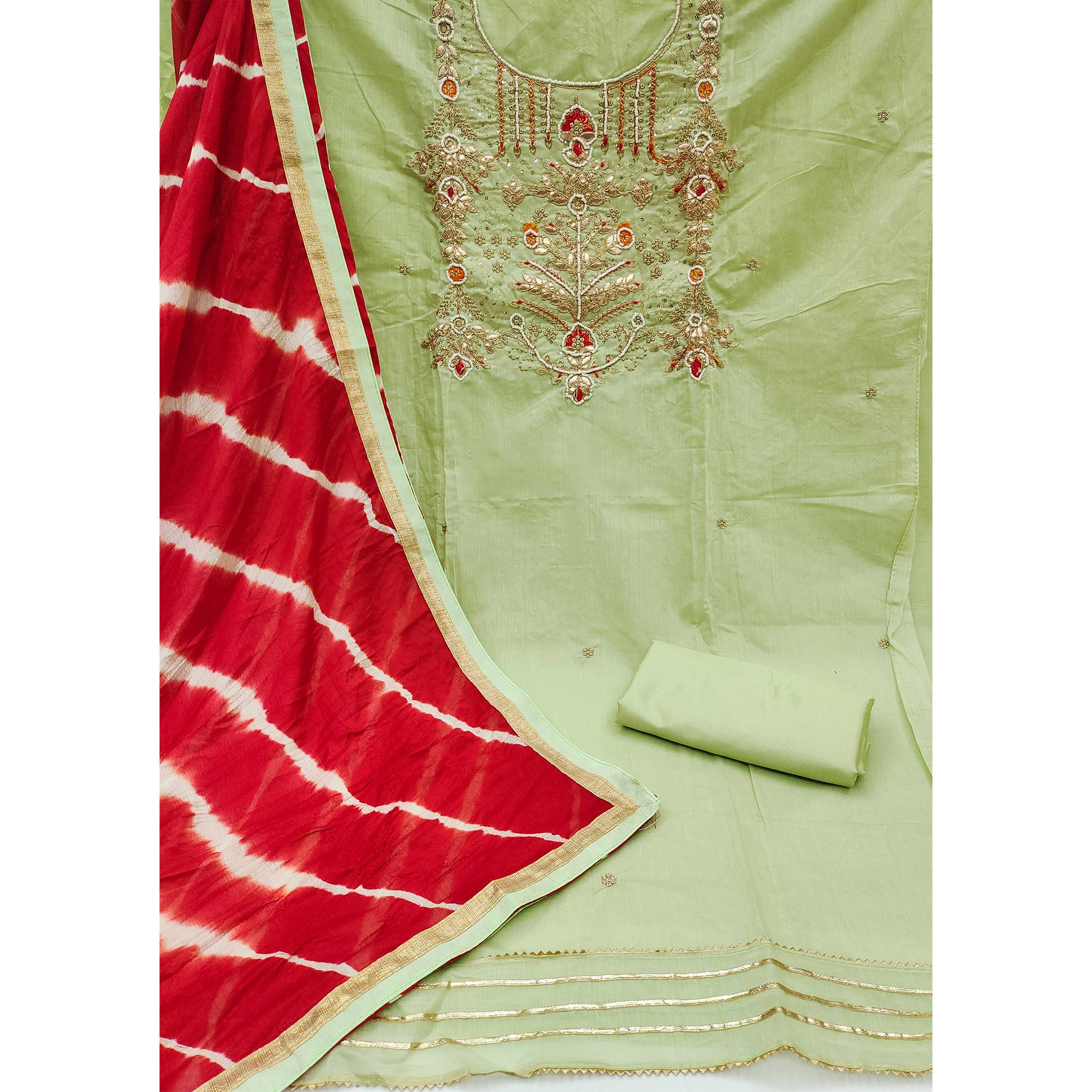Green Embroidered Chanderi Dress Material