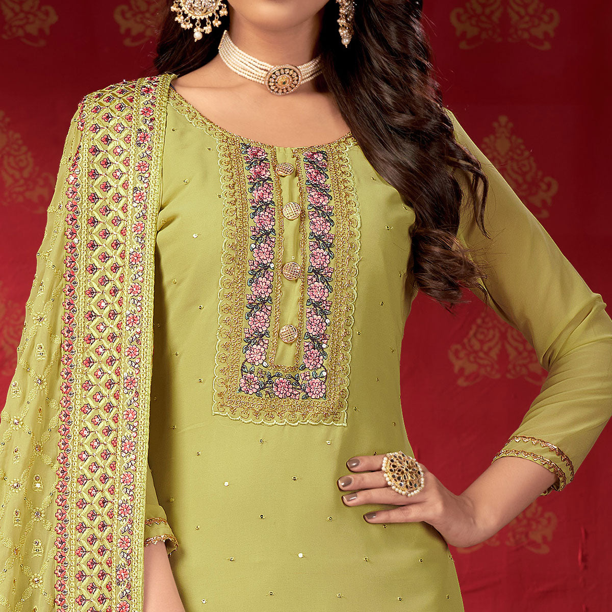 Pista Green Embroidered Georgette Sharara Suit