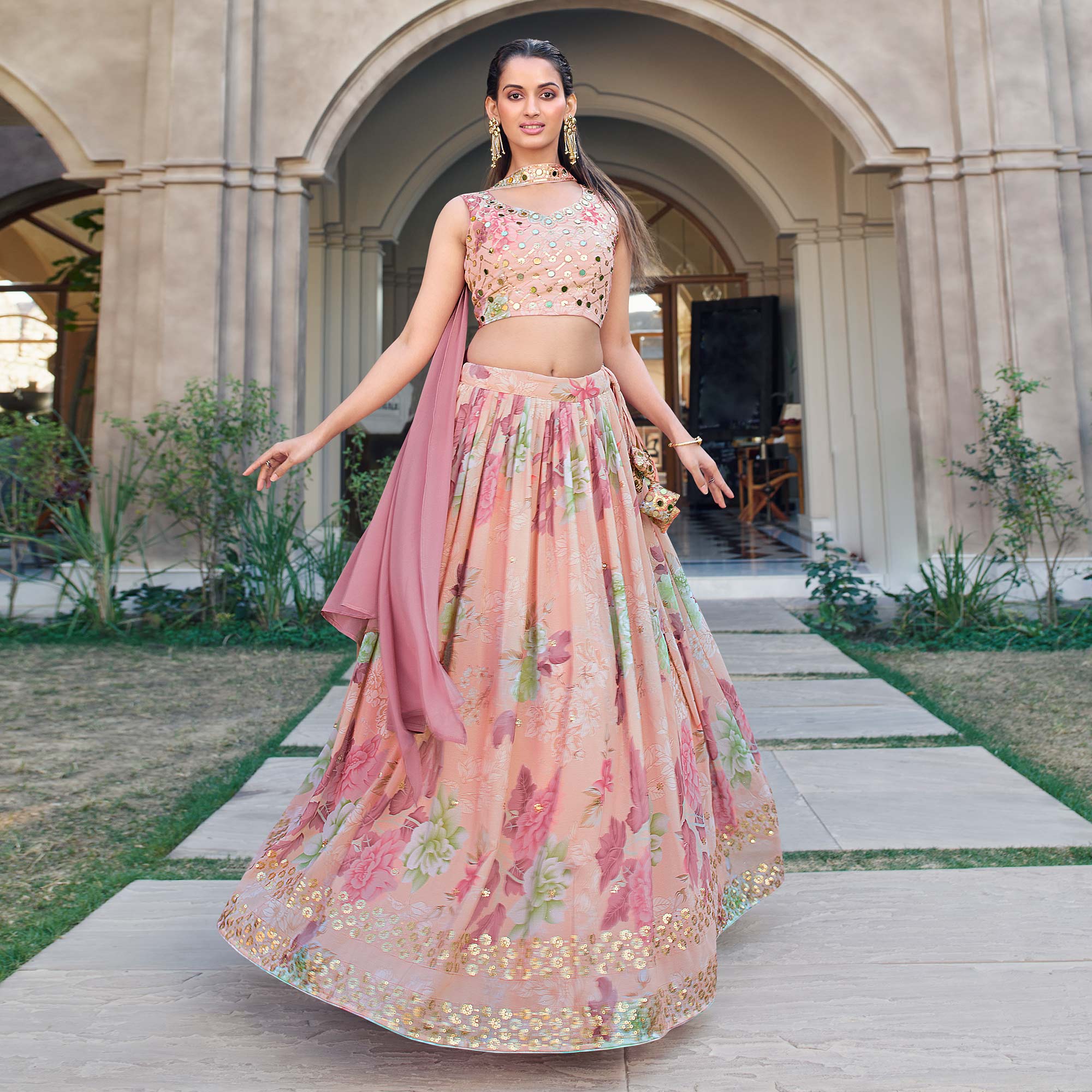 Pink Printed With Sequins Embroidered Georgette Lehenga Choli