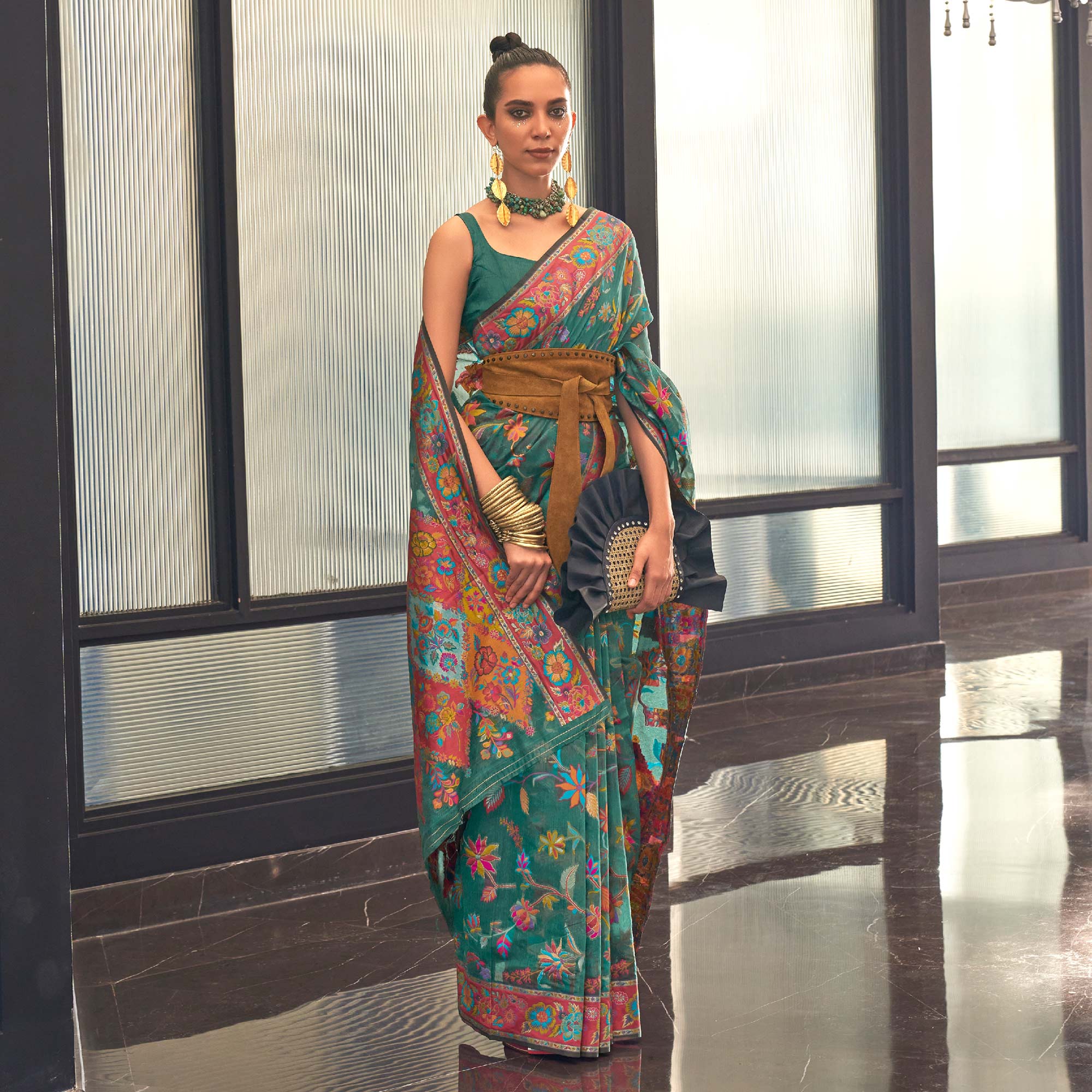 Dark Green Floral Woven Modal Saree