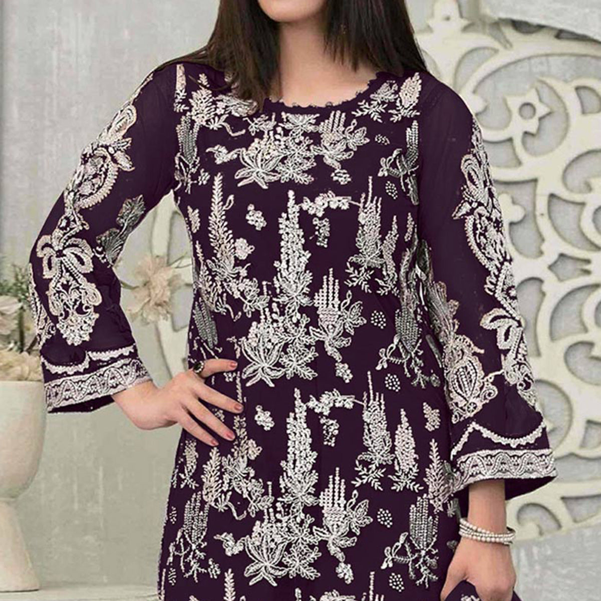 Purple Floral Embroidered Georgette Pakistani Suit