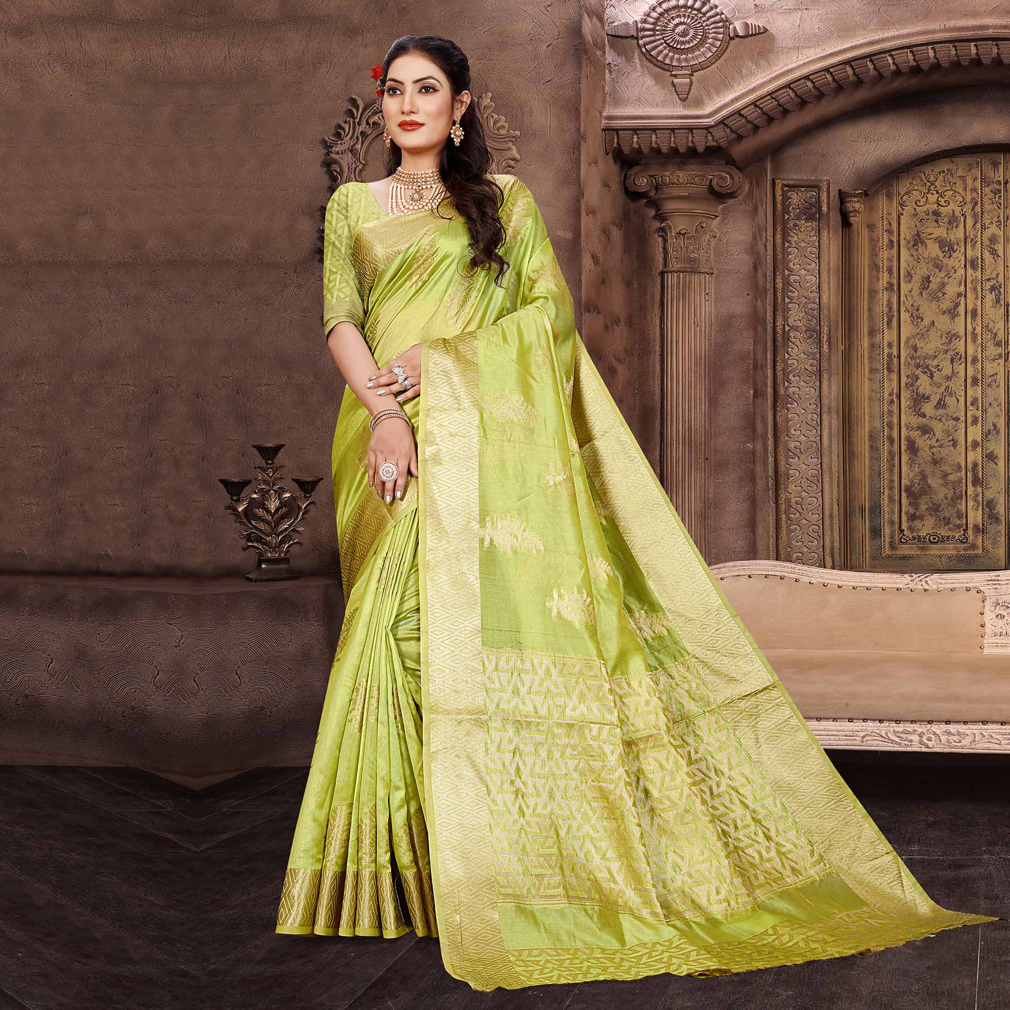 Green Floral Woven Organza Saree