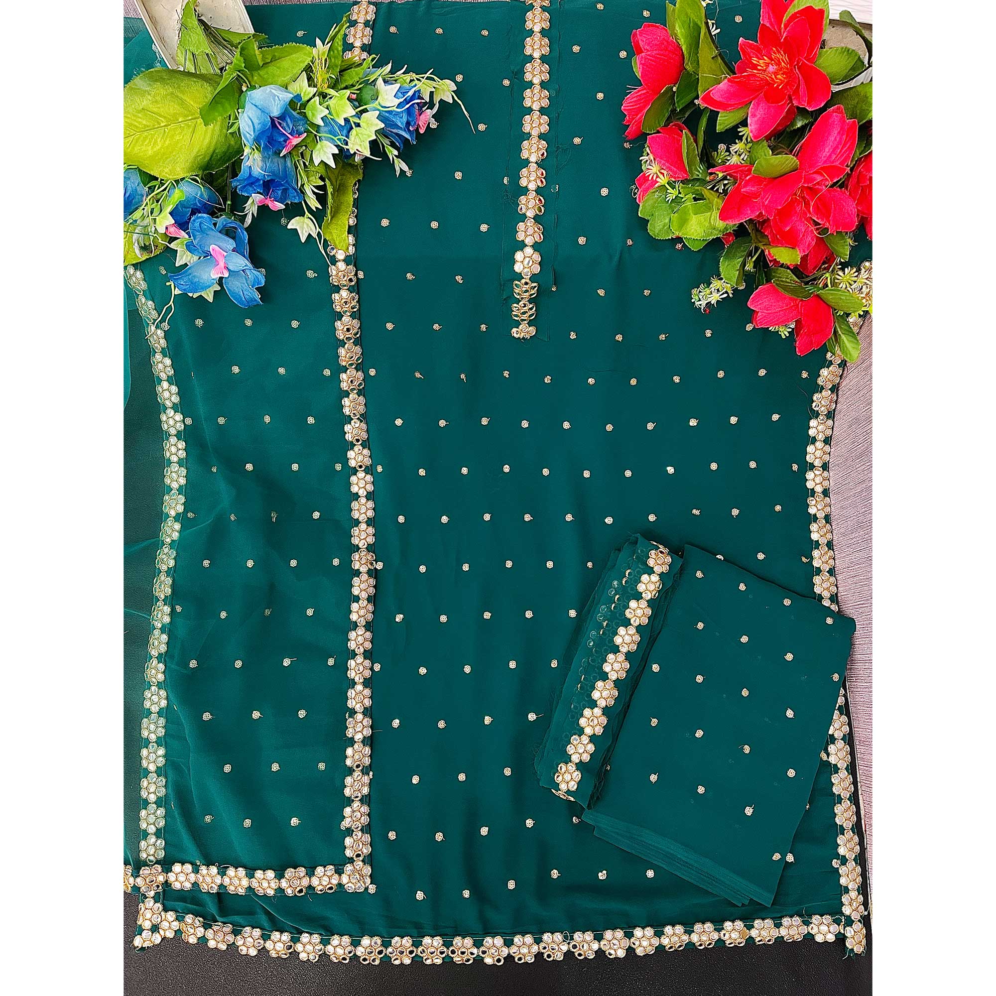 Green Sequins Embroidered Georgette Sharara Suit