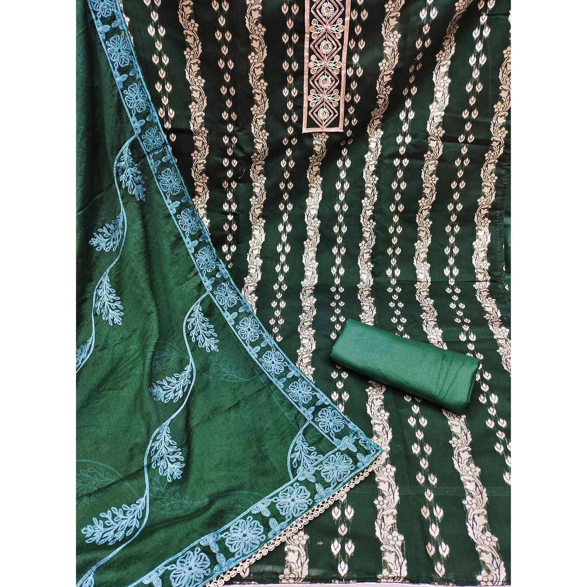 Green Woven Banarasi Silk Dress Material