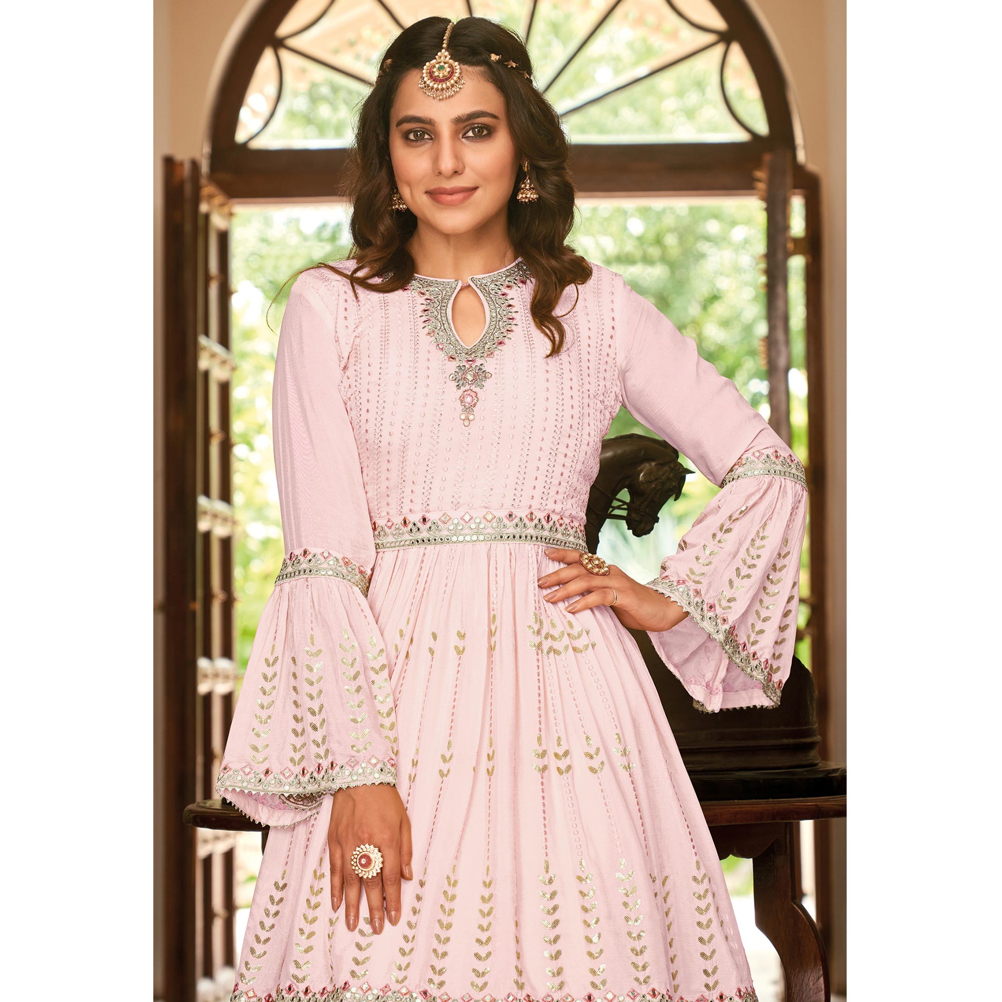 Pink Floral Sequins Embroidered Chiffon Semi Stitched Sharara Suit