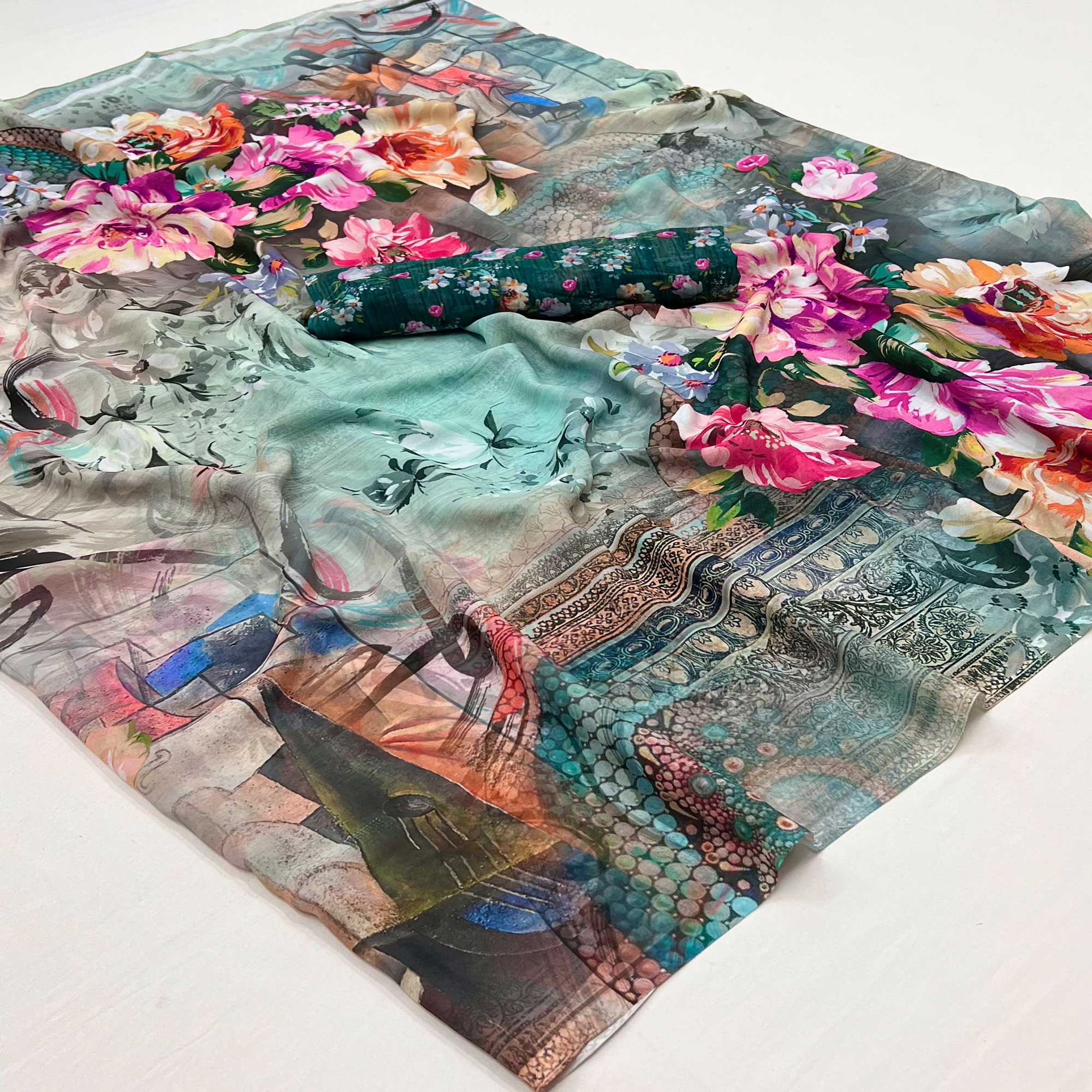 Multicolor Digital Floral Printed Georgette Saree