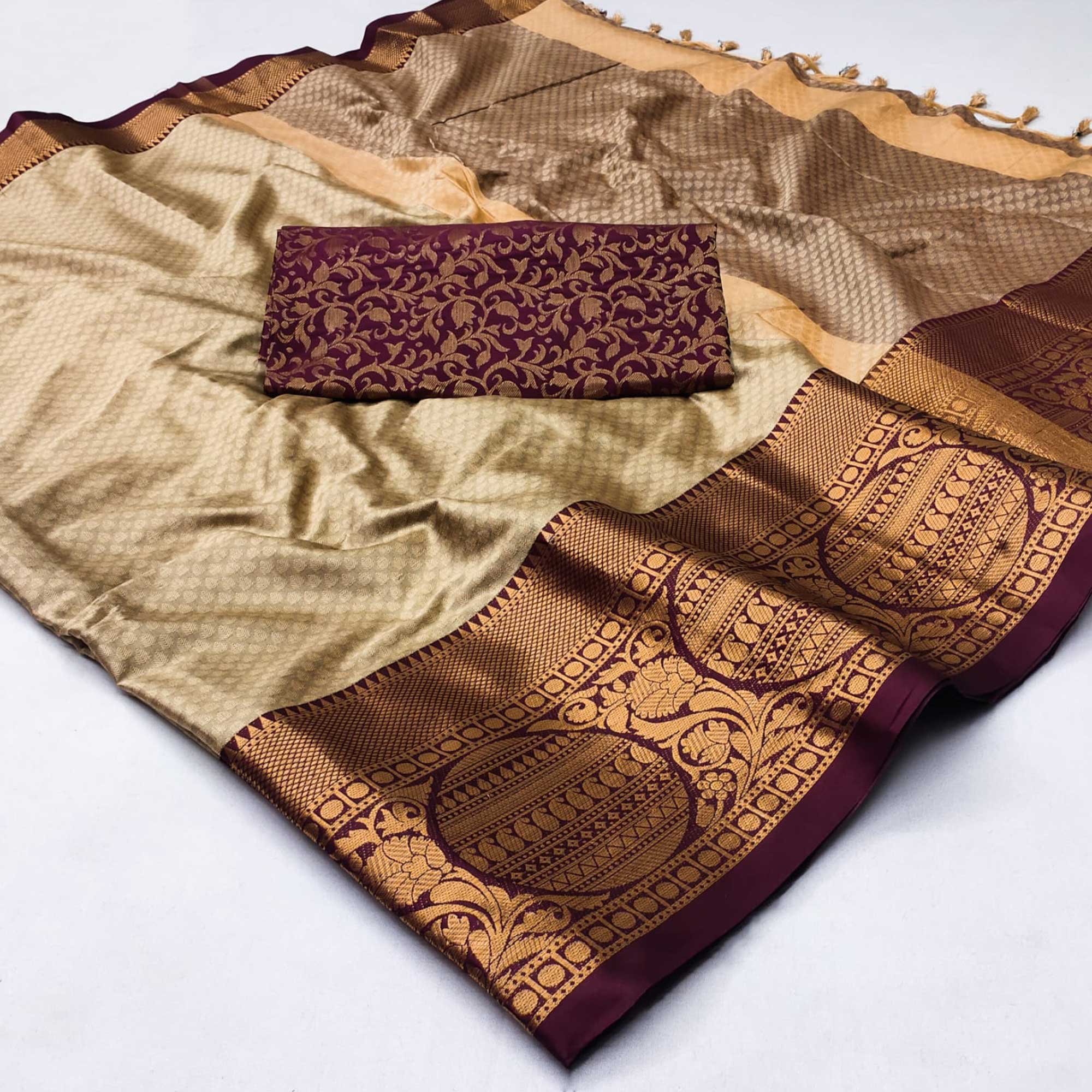 Chikoo Woven Cotton Silk Saree With Tassels