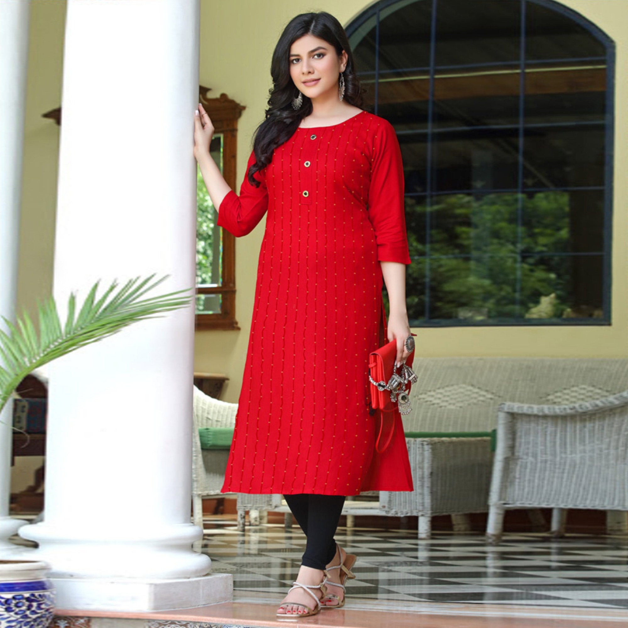 Red Embroidered Rayon Kurti