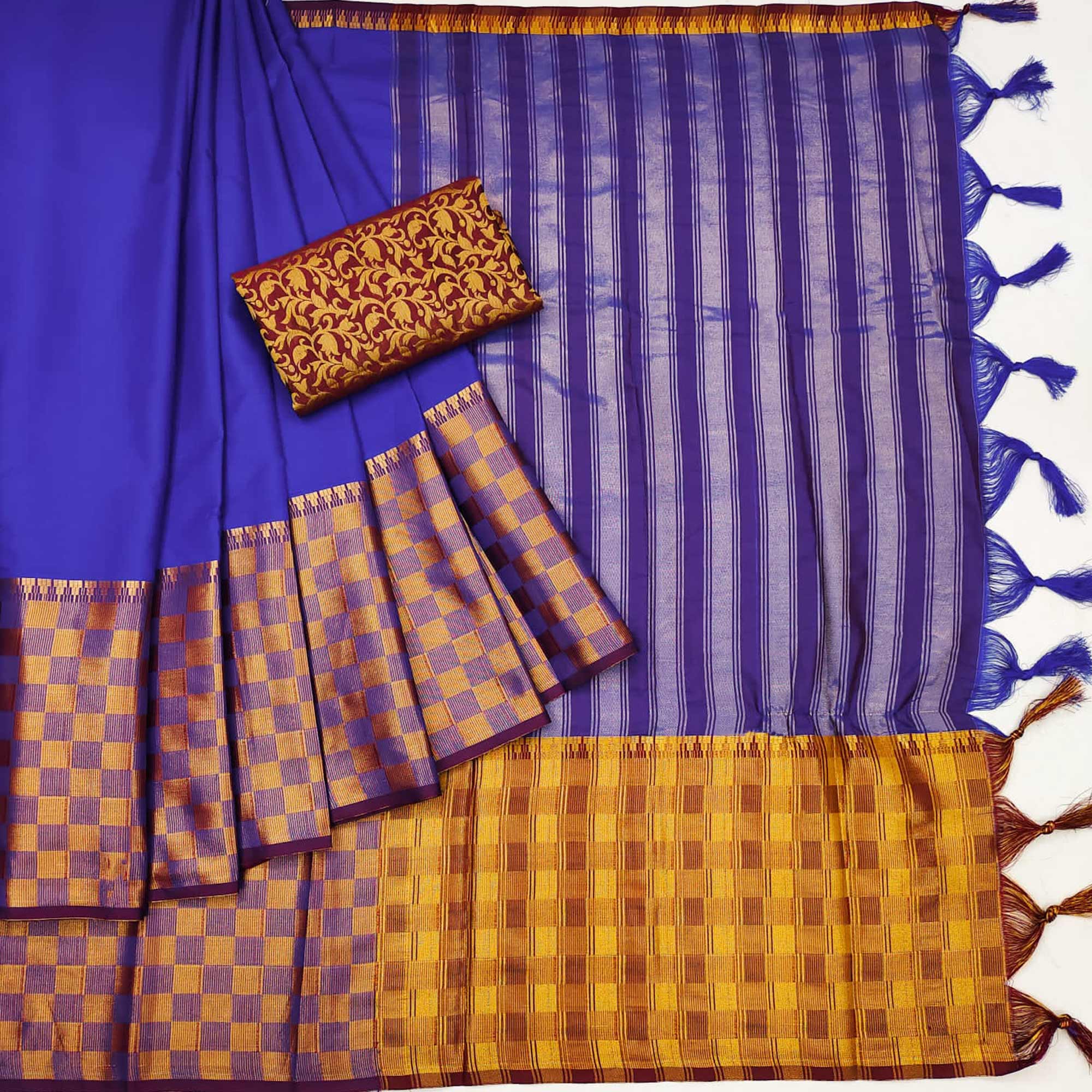 Royal Blue Woven Cotton Silk Saree With Tassels
