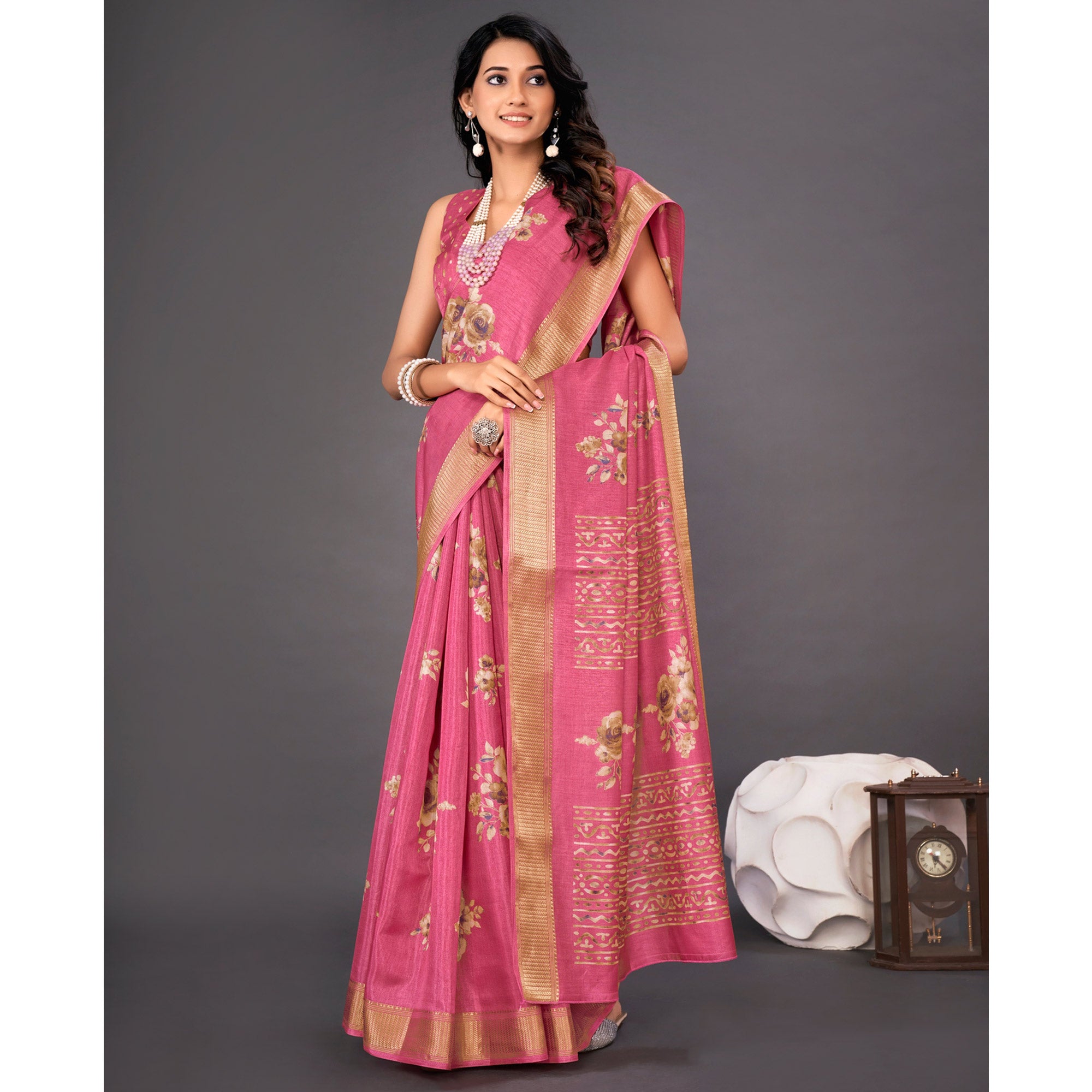 Pink Floral Printed Dola Silk Saree