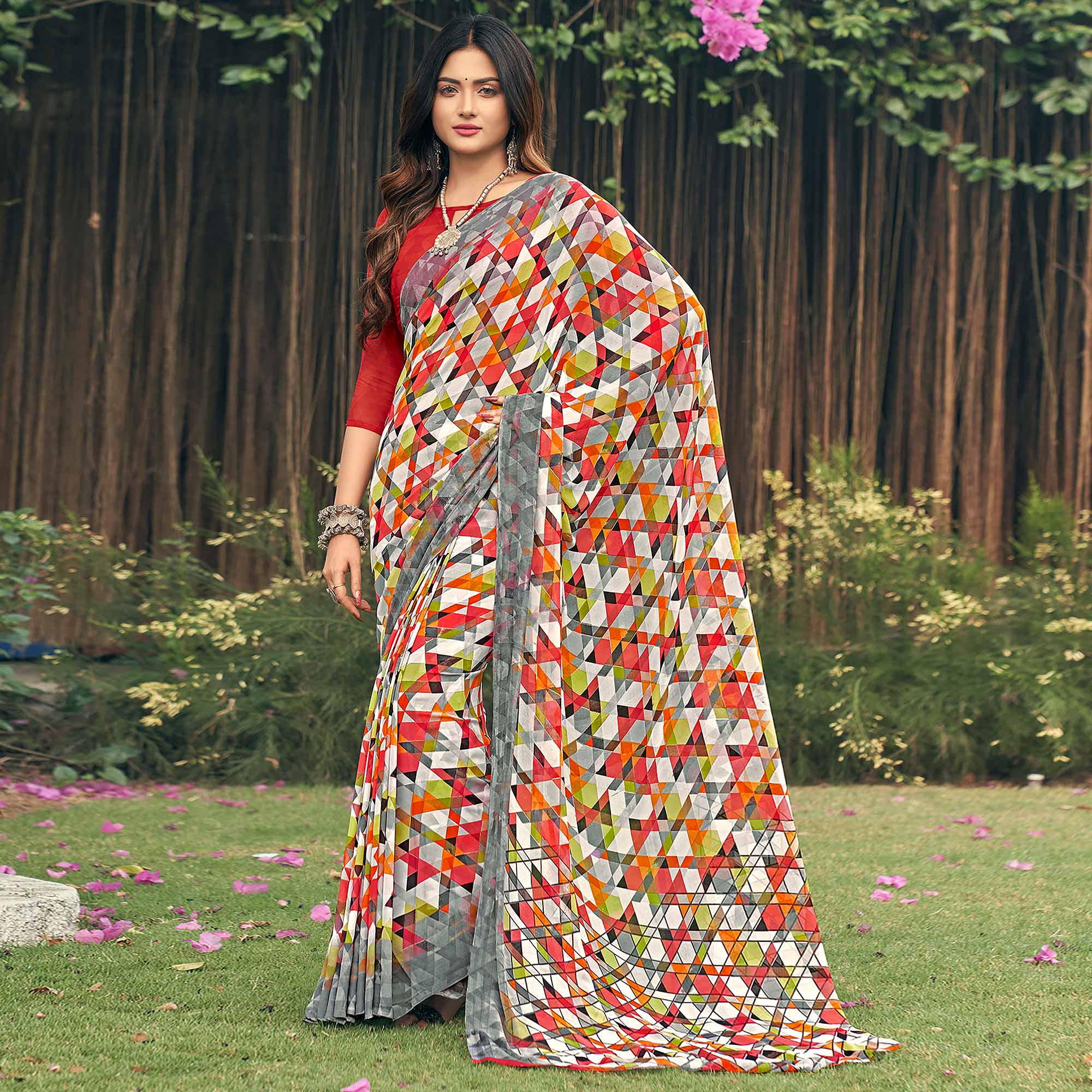 Multicolored Geometric Printed Georgette Saree