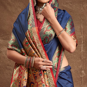 Navy Blue Woven Banarasi Silk Saree With Tassels