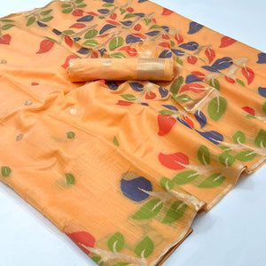 Orange Floral Woven Cotton Saree