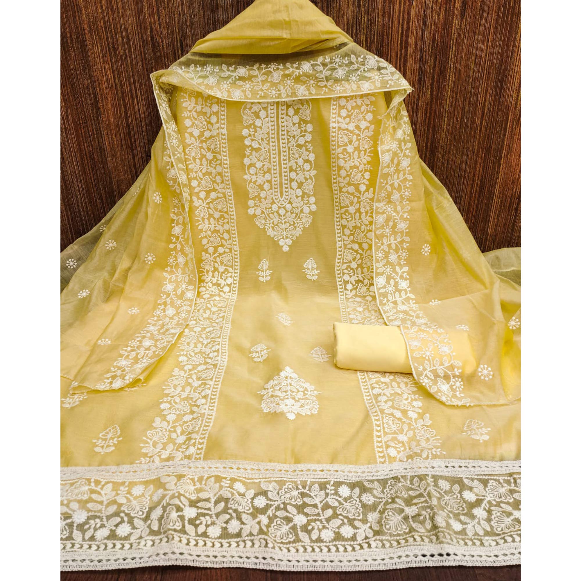 Yellow Floral Embroidered Chanderi Dress Material