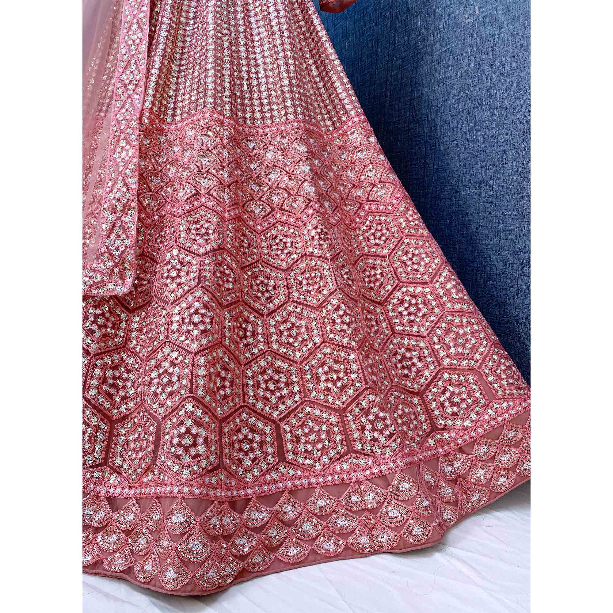 Pink Sequins Embroidered Netted Lehenga Choli