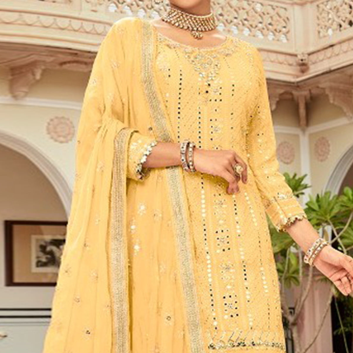 Yellow Mirror Work Georgette Sharara Suit